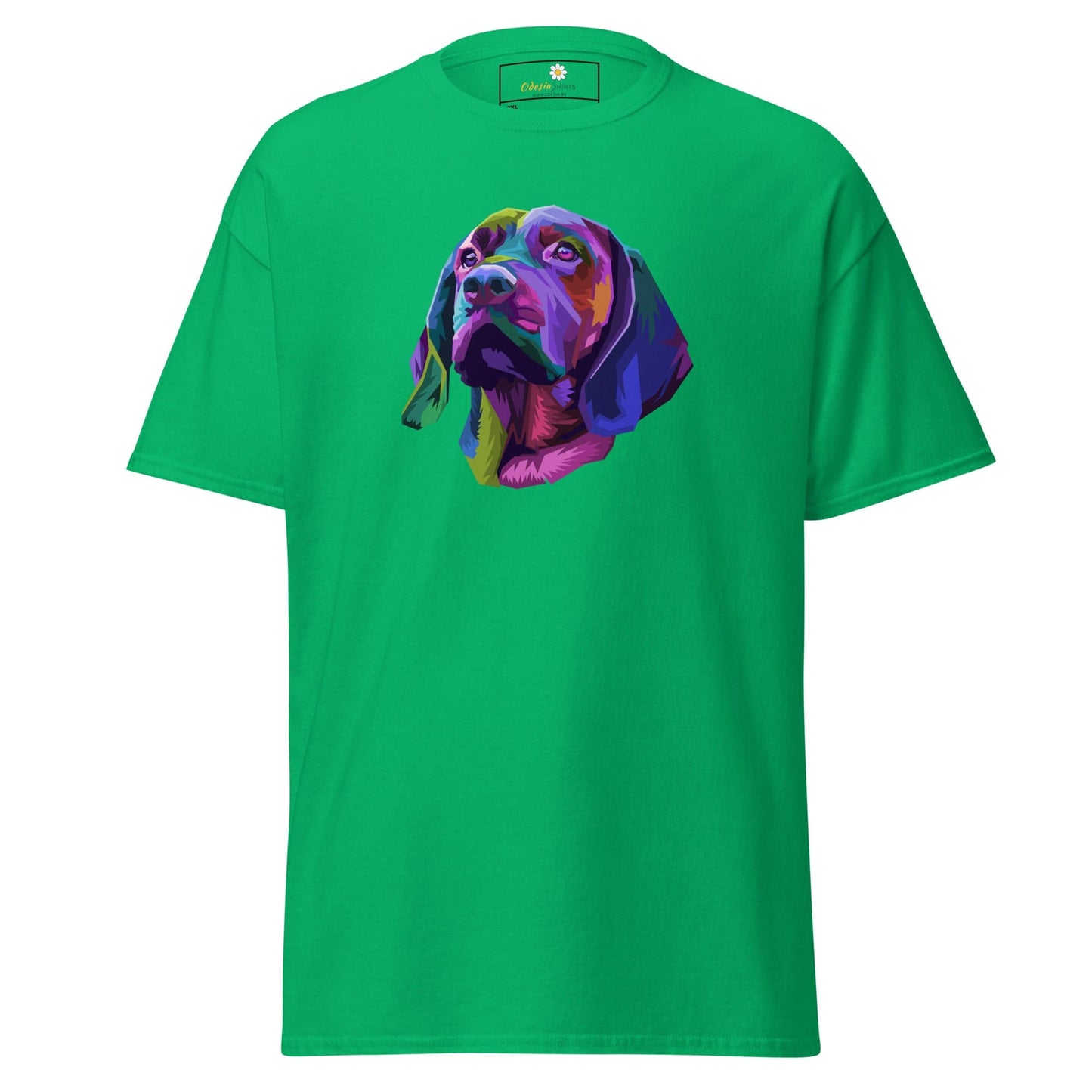 Green T-shirt with a colorful dog graphic display in men’s and women’s 2XL-5XL sizes