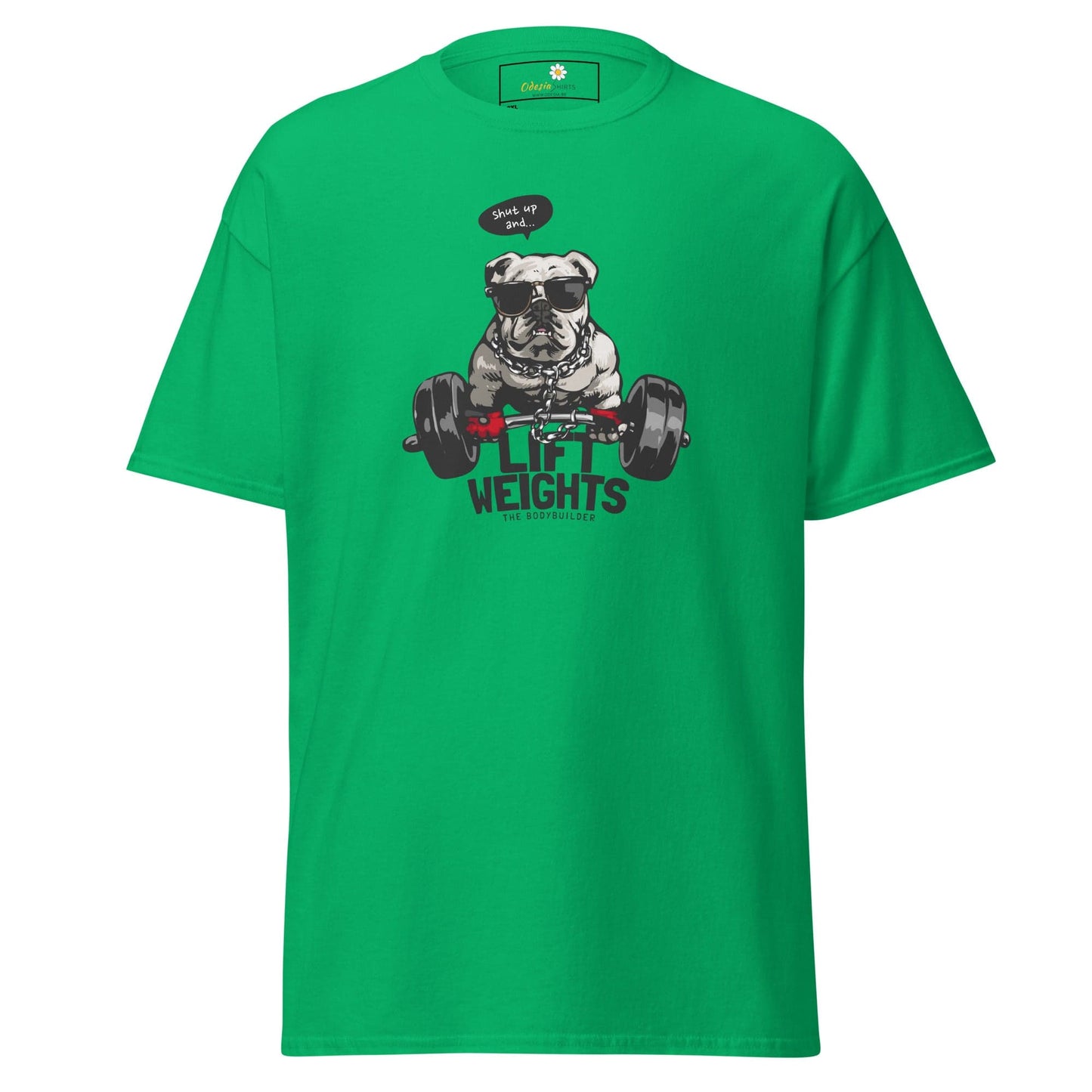 Green t-shirt with dog lifting weights graphic.