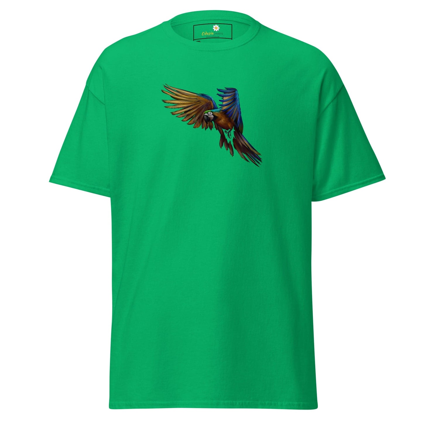 Green T-shirt with colorful parrot graphic for Men and Women in 2XL to 5XL sizes