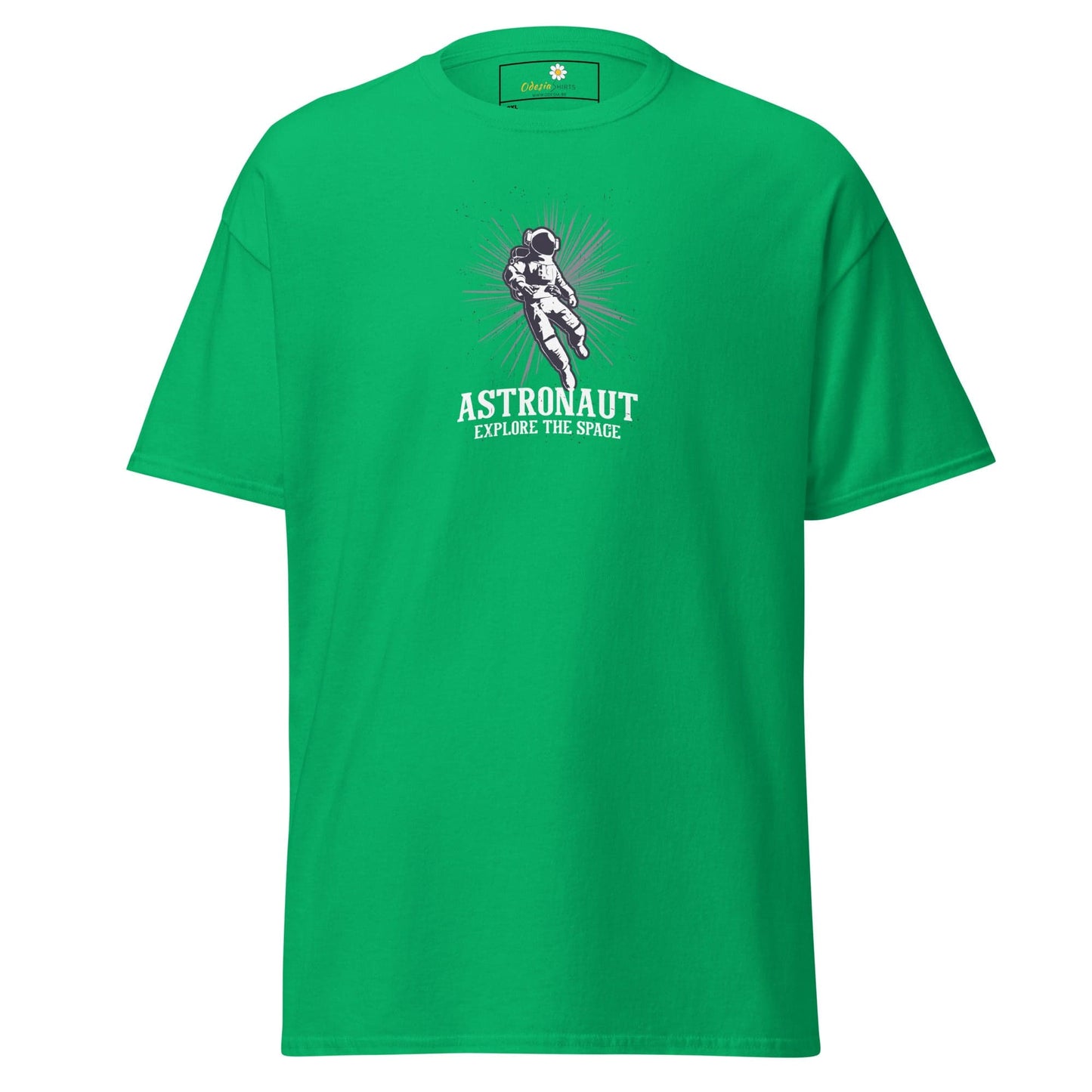 Green astronaut T-shirt displayed in men’s and women’s design, available in 2XL to 5XL sizes