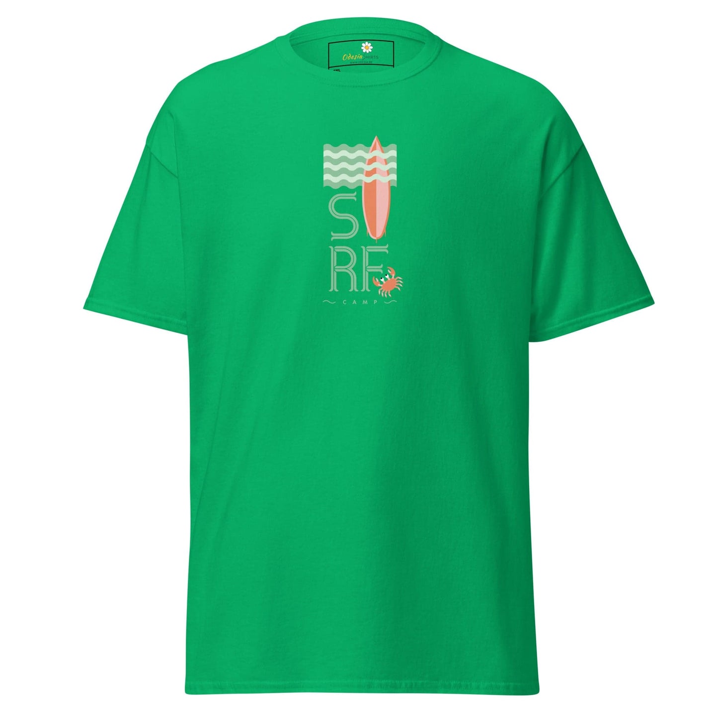 Green t-shirt with surf design.