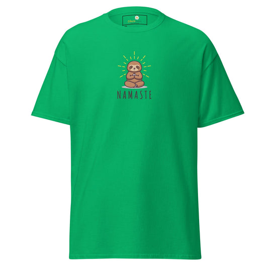 Green t-shirt with sloth meditating.