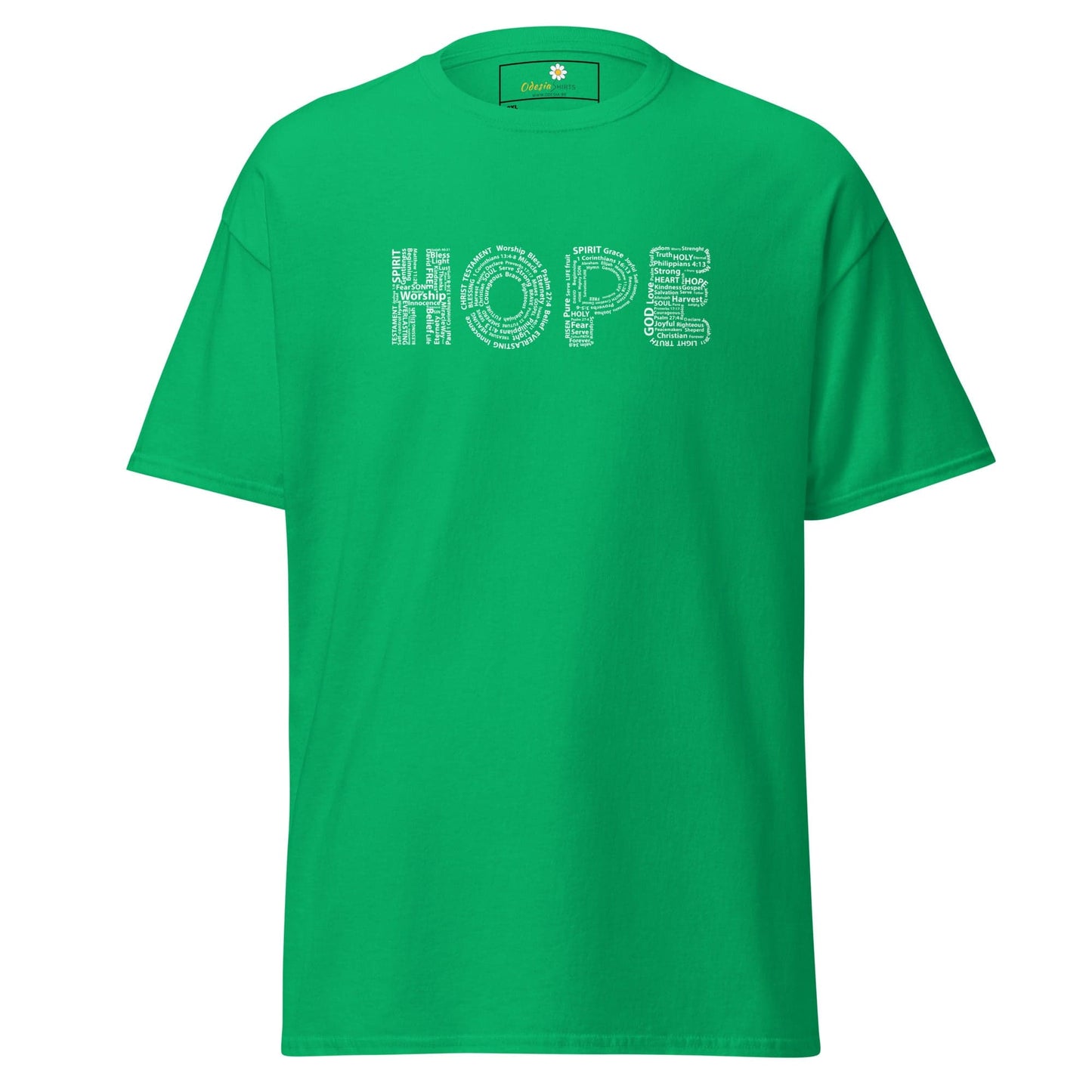 Green t-shirt with ’HOPE’ text design.
