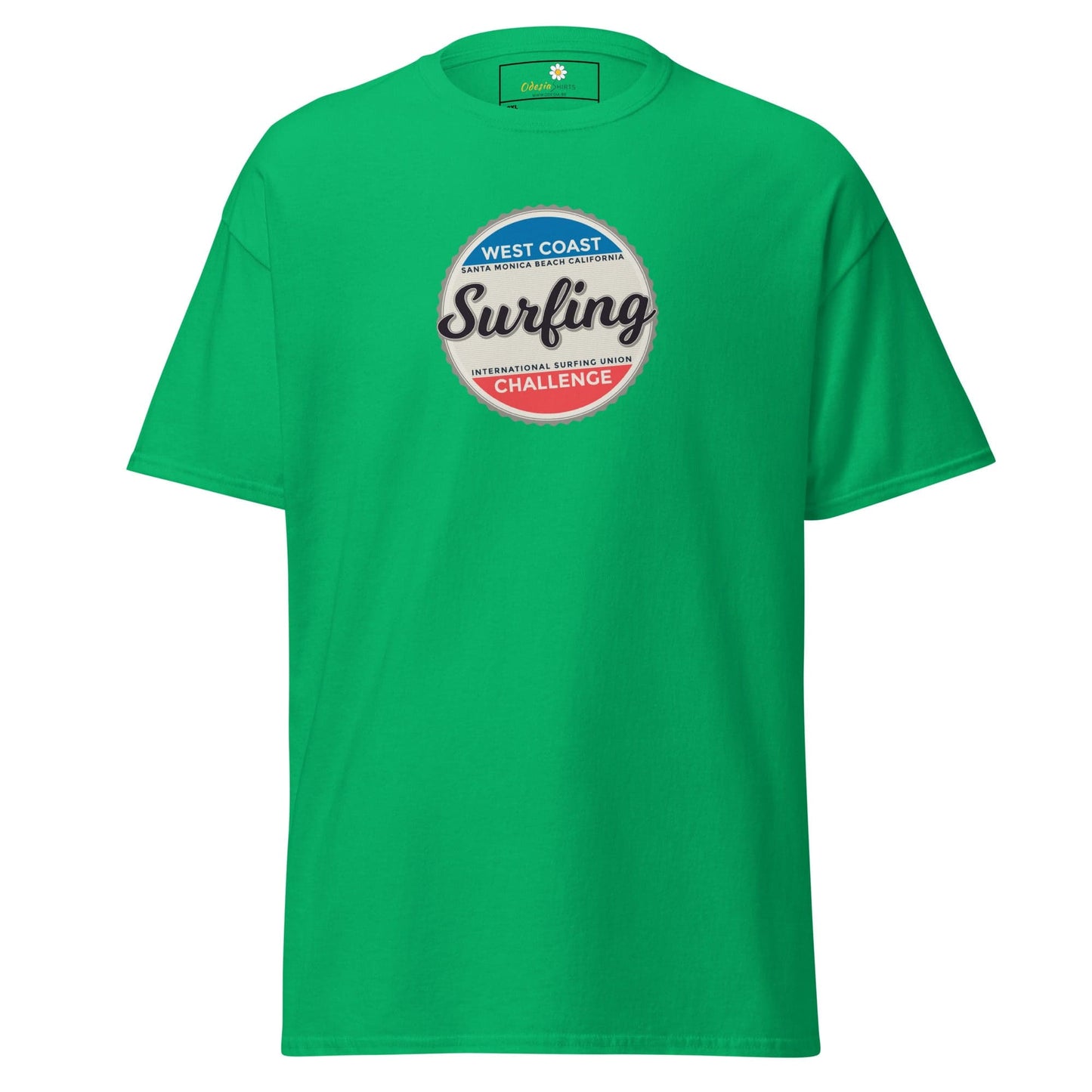 Green t-shirt with surfing graphic.
