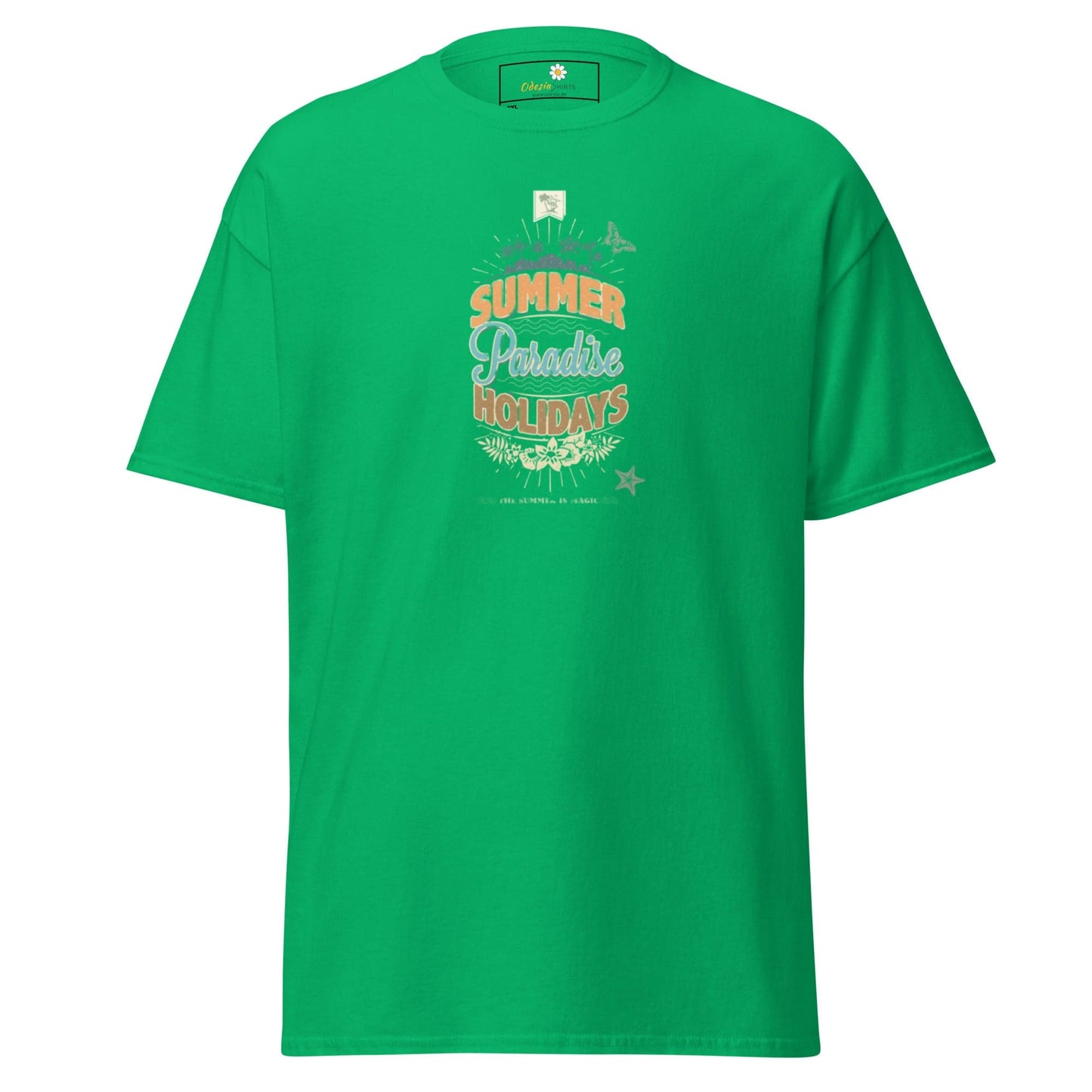 Green t-shirt with summer-themed graphic.