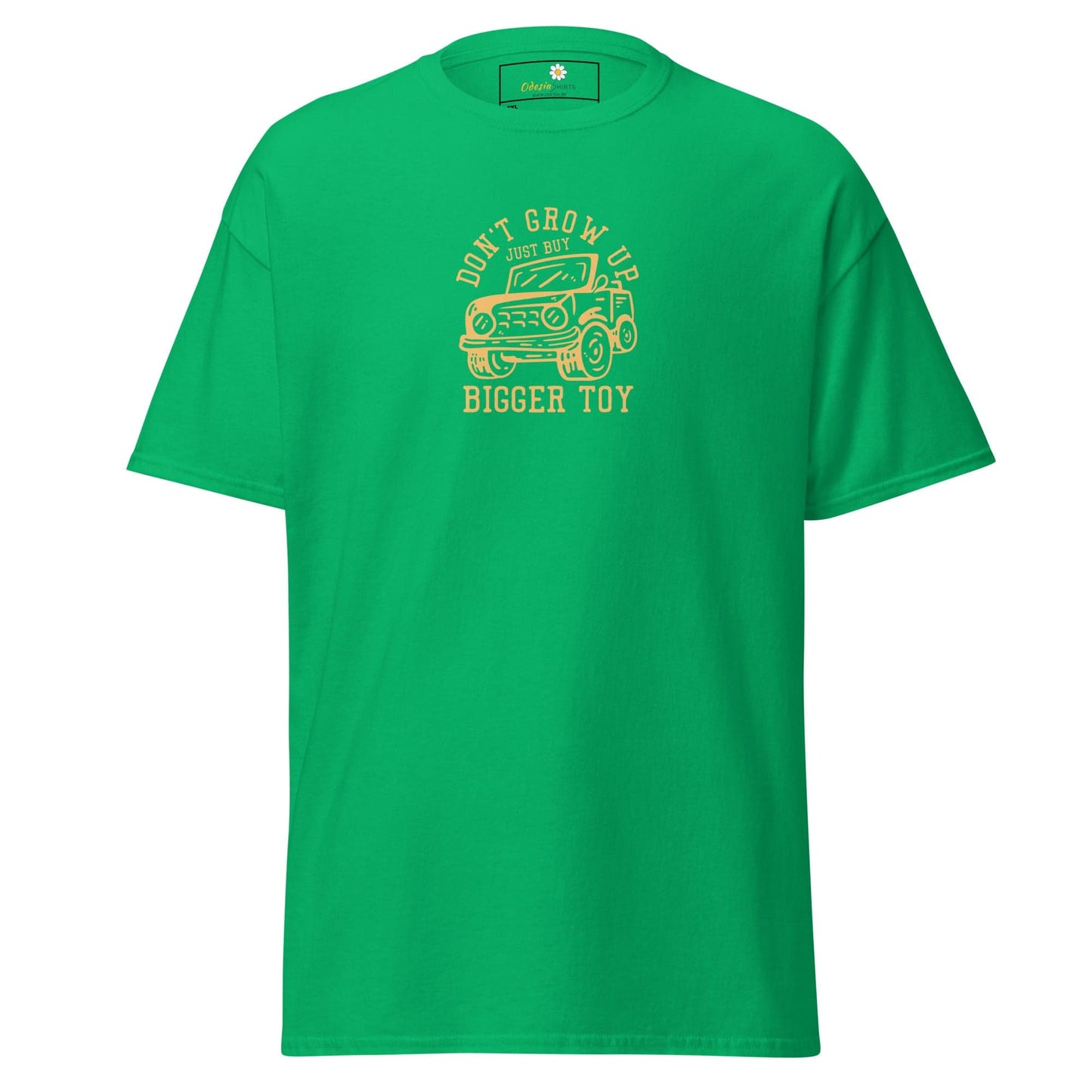 Green t-shirt with a car graphic.