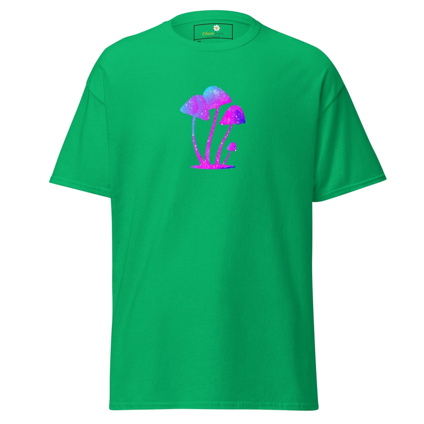 Green t-shirt with mushroom design.