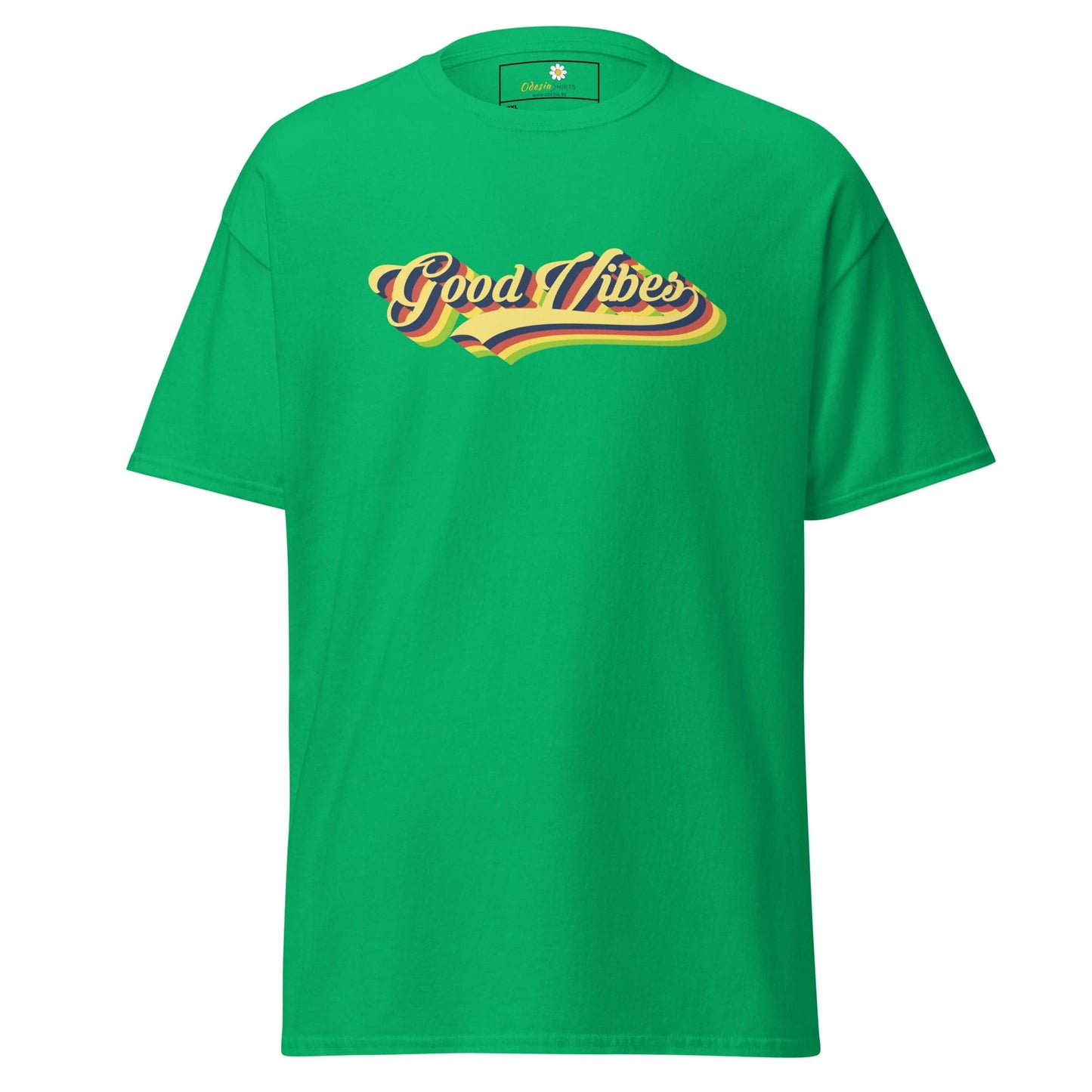 Green t-shirt with ’Good Vibes’ text.