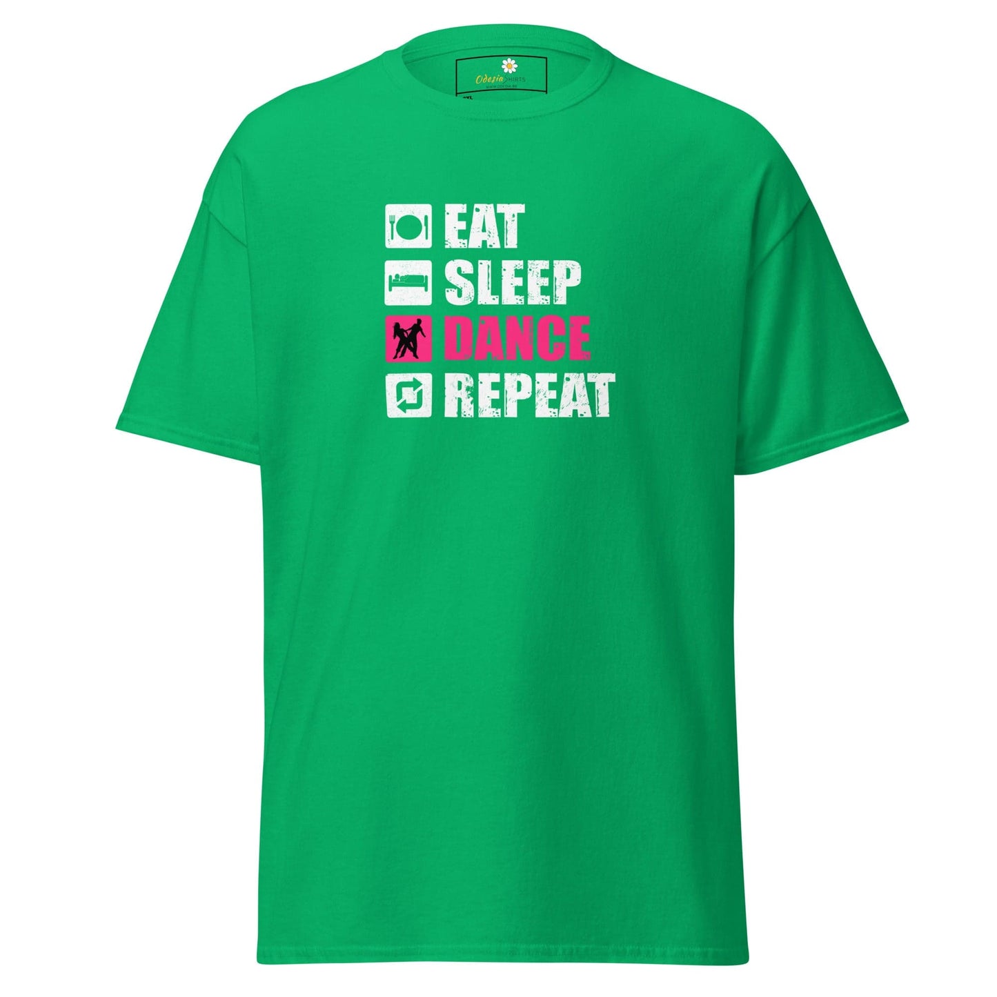 Green t-shirt with ’Eat Sleep Dance Repeat’ graphic.