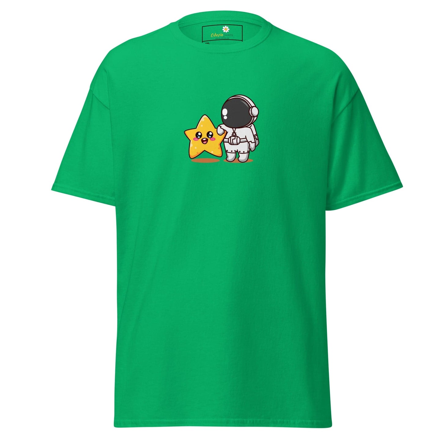 Green t-shirt with astronaut and star graphic.