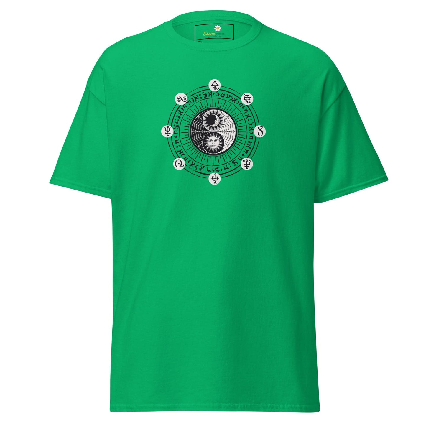 Green t-shirt with yin-yang design.