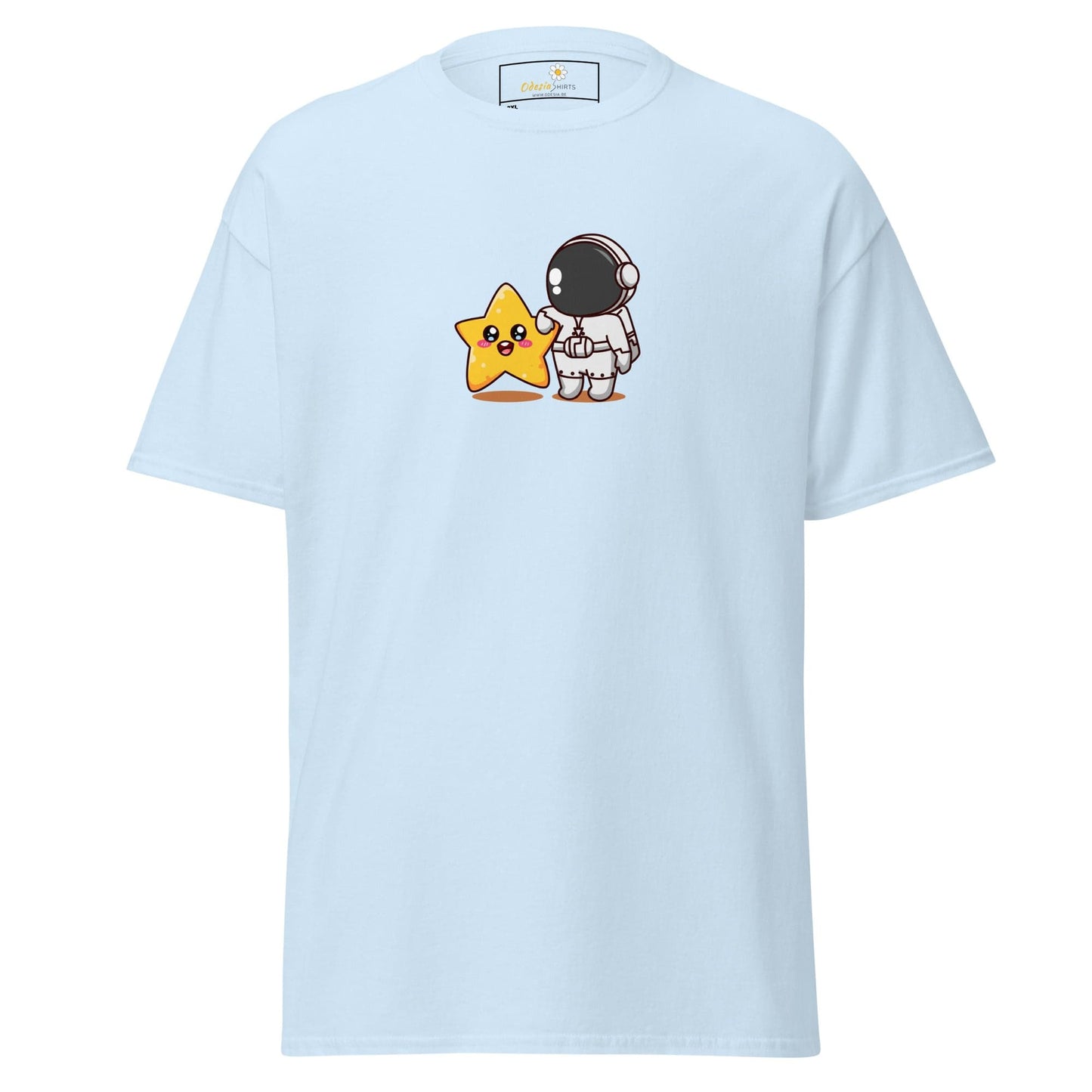 Light blue t-shirt with cartoon astronaut and star.