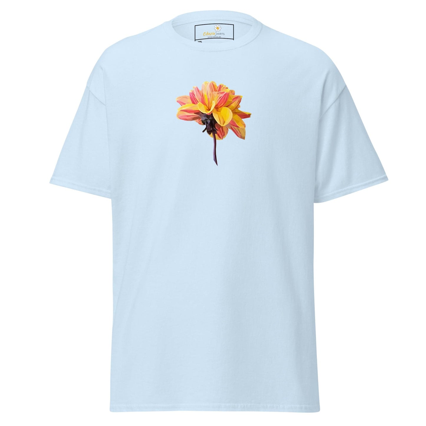 Light blue t-shirt with flower.