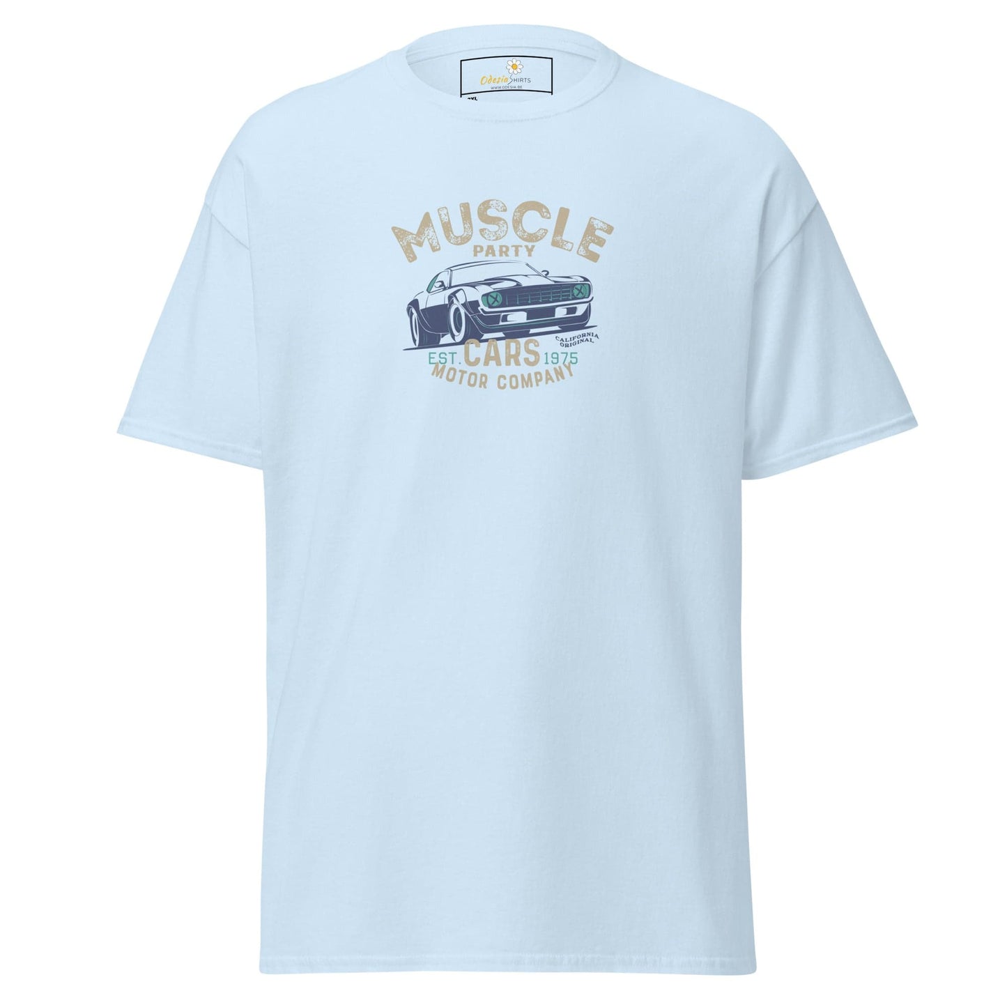 Light blue t-shirt with car graphic.
