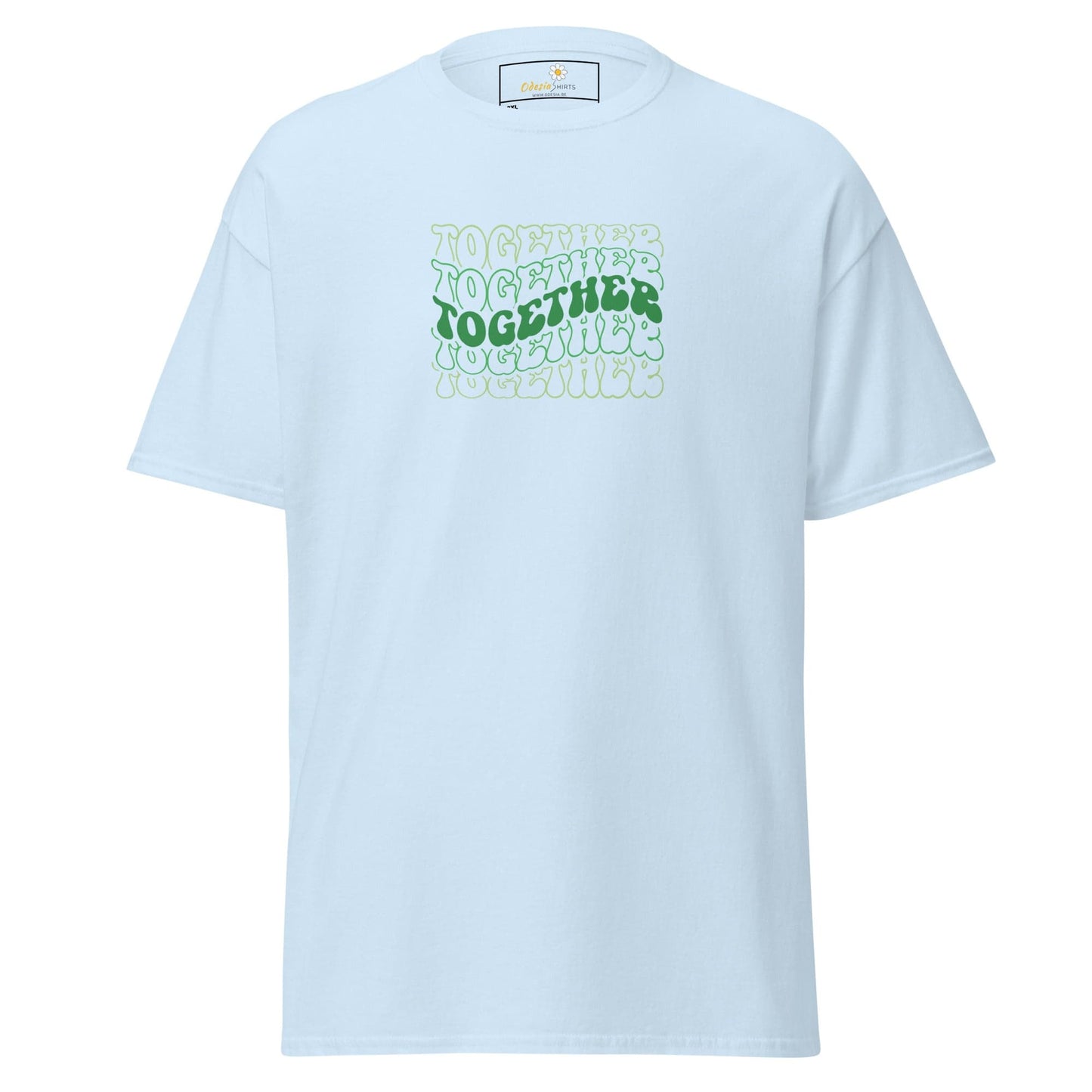 Light blue T-shirt with Together text, designed for Men and Women, available in 2XL to 5XL