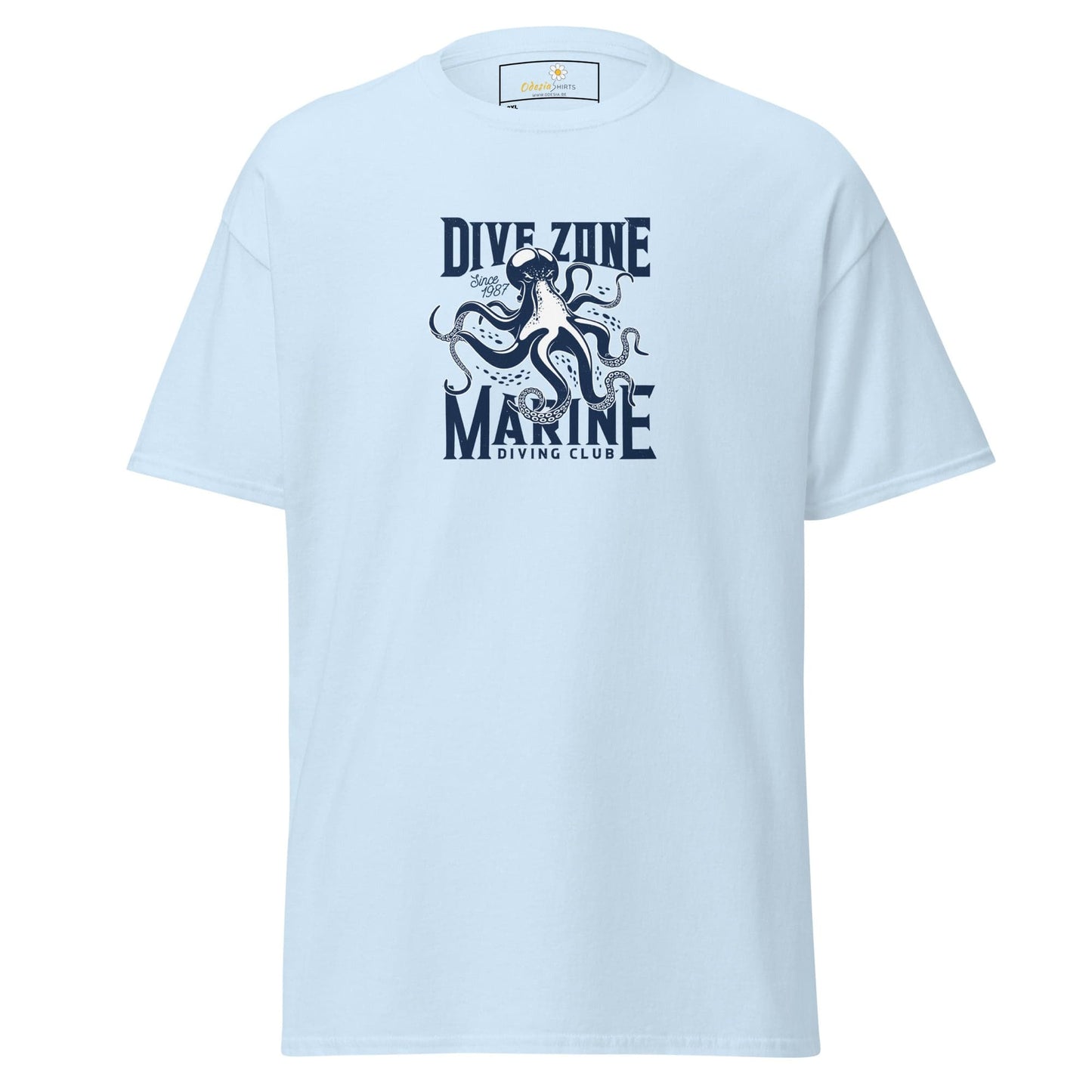 Light blue t-shirt.