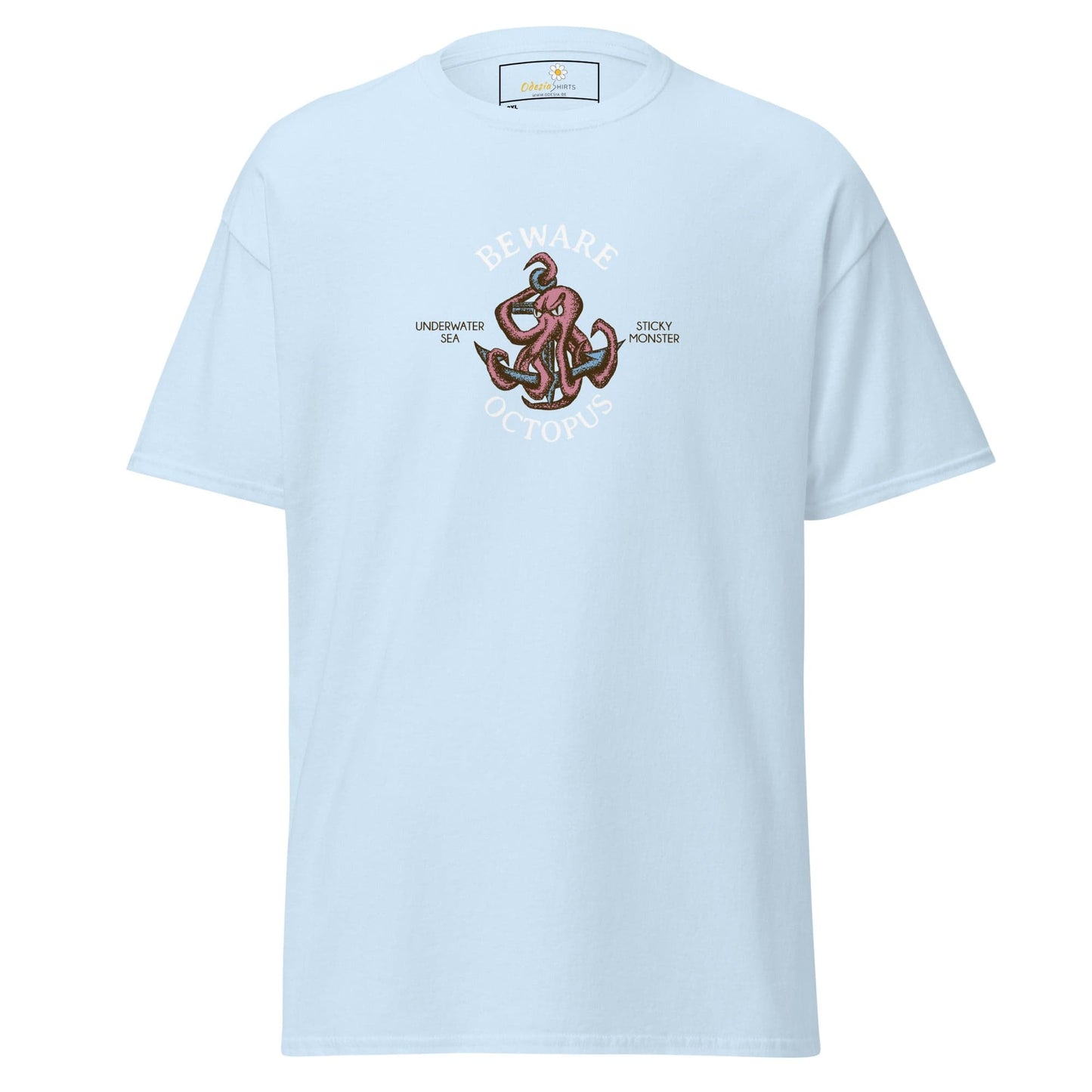 Light blue T-shirt featuring an octopus graphic for men and women in sizes 2XL to 5XL