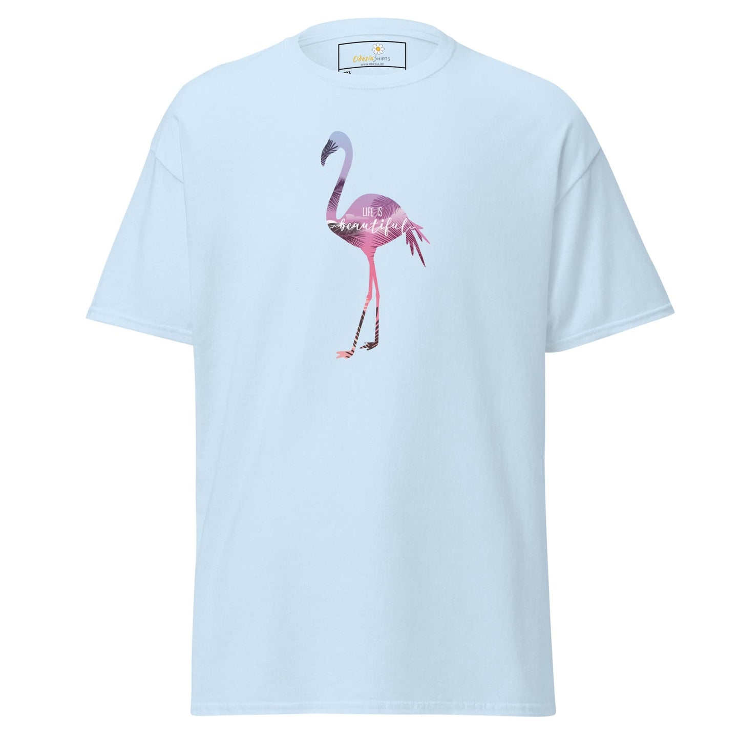 Light blue T-shirt with flamingo graphic for men and women in sizes 2XL to 5XL