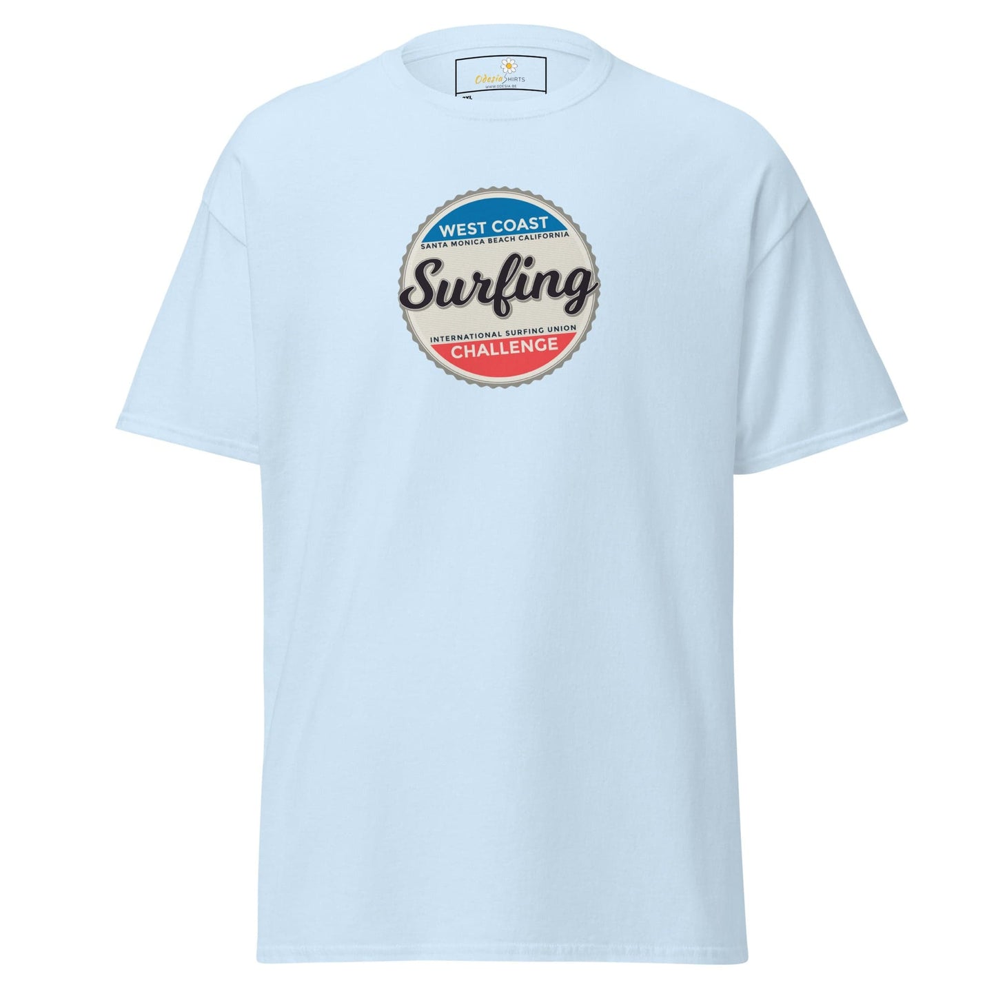 Light blue t-shirt with surfing graphic.
