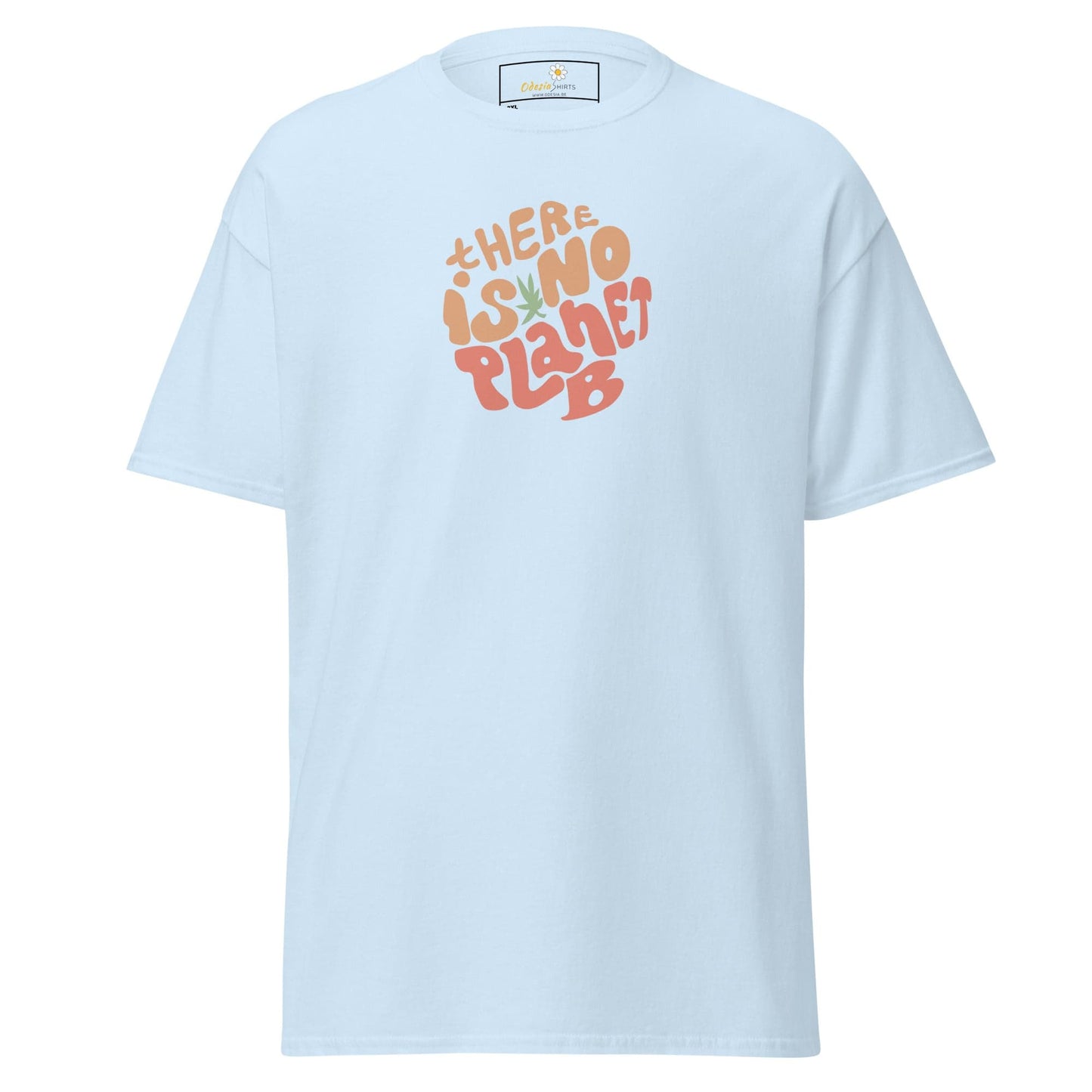 Light blue t-shirt with ’There is no planet B’ graphic.