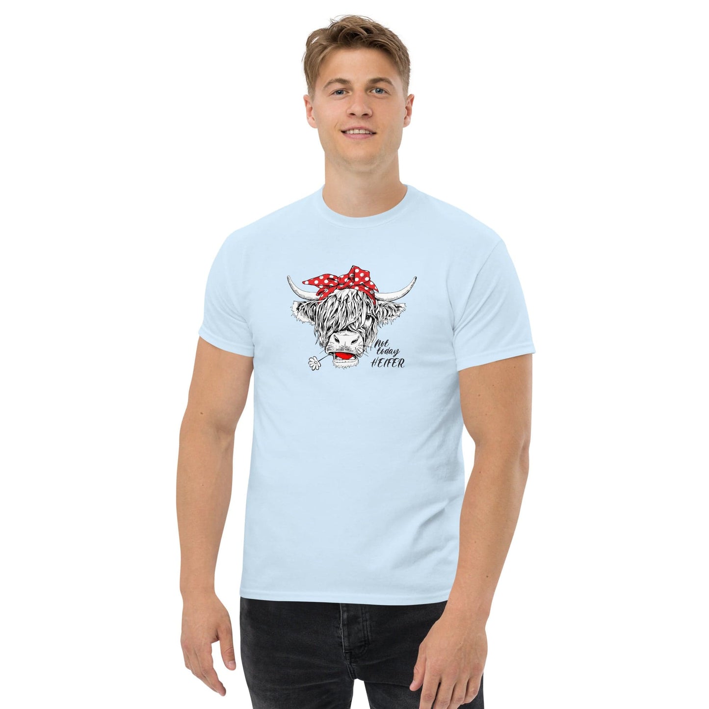 Light blue t-shirt with cow graphic.
