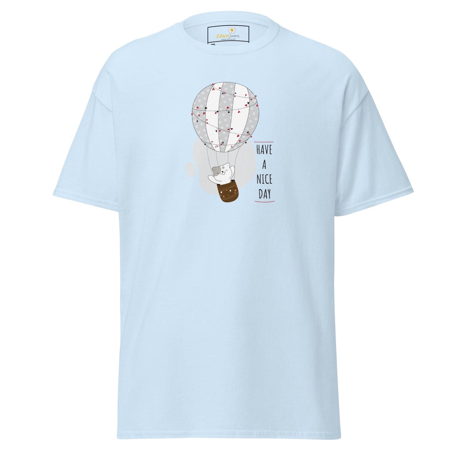Light blue T-shirt featuring a hot air balloon graphic, available in 2XL to 5XL sizes