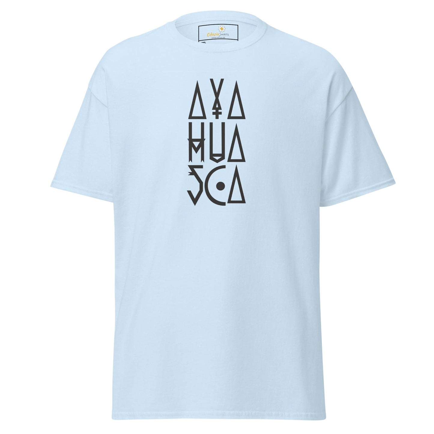 Light blue t-shirt with geometric design.