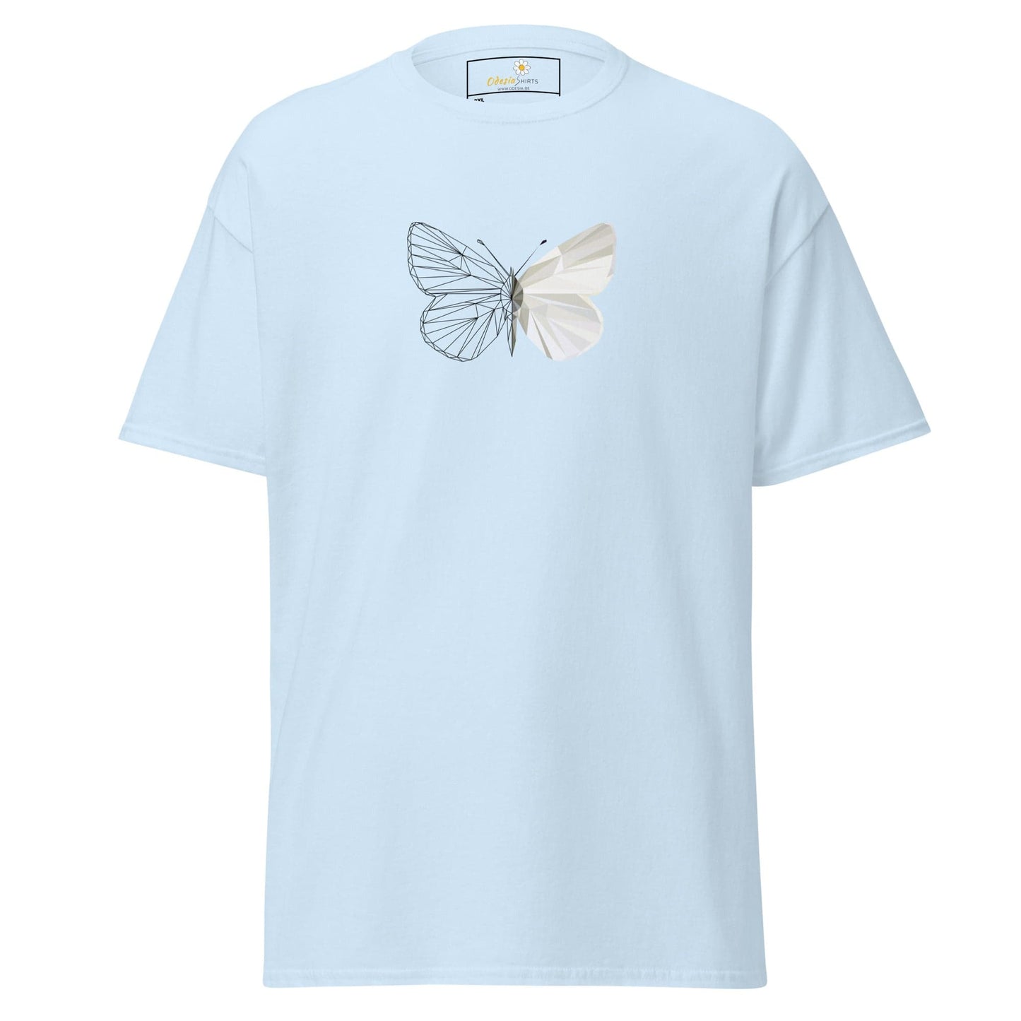 Light blue T-shirt featuring a butterfly design for men and women in 2XL to 5XL sizes