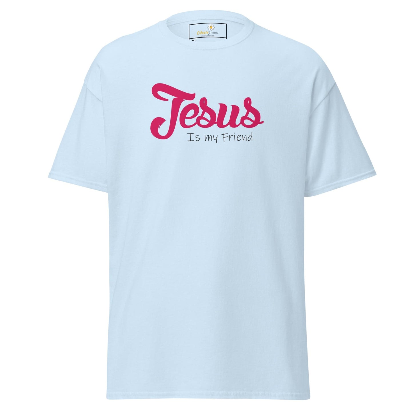 Light blue t-shirt with ’Jesus is my friend’ text.