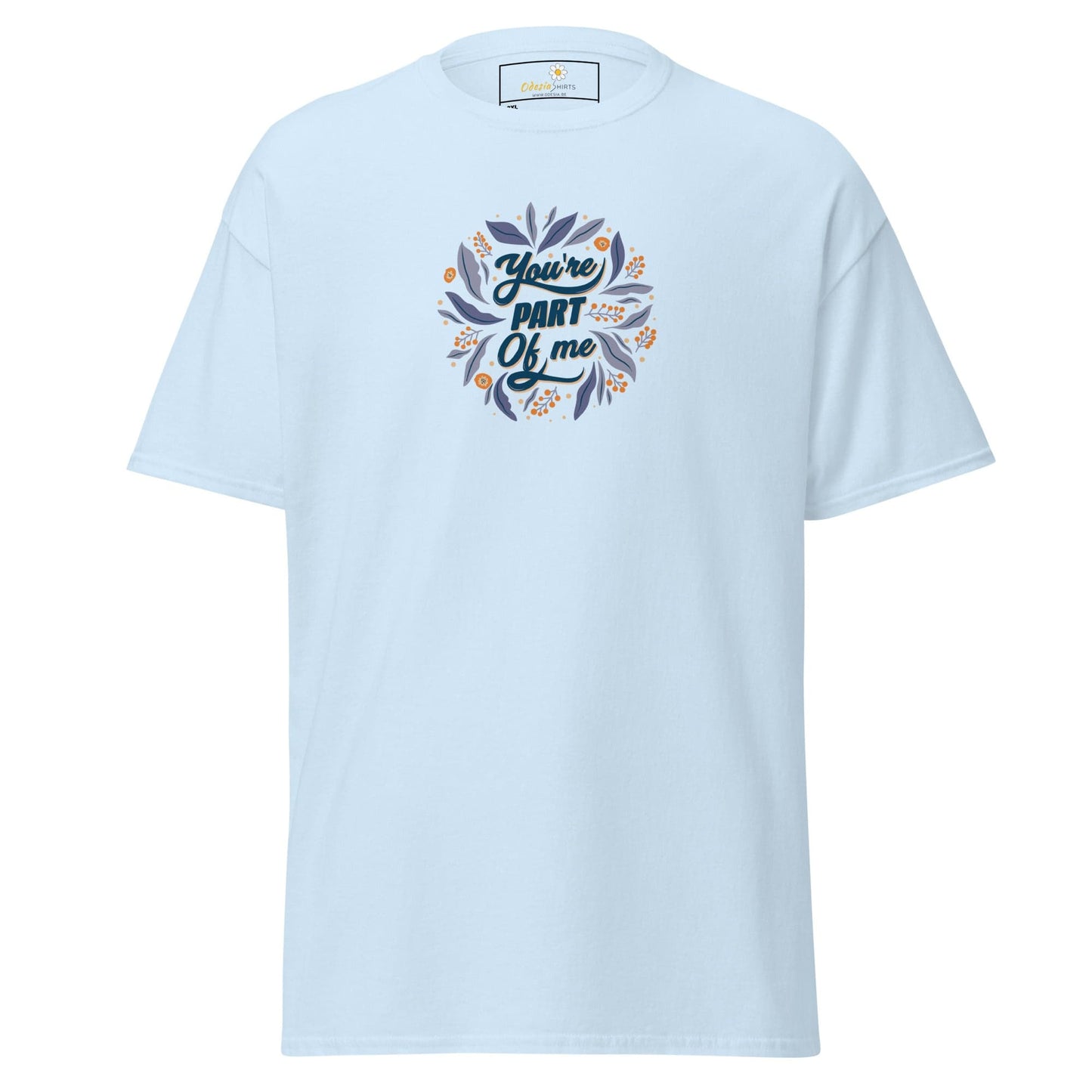 Light blue T-shirt with floral design for men and women, available in 2XL to 5XL sizes