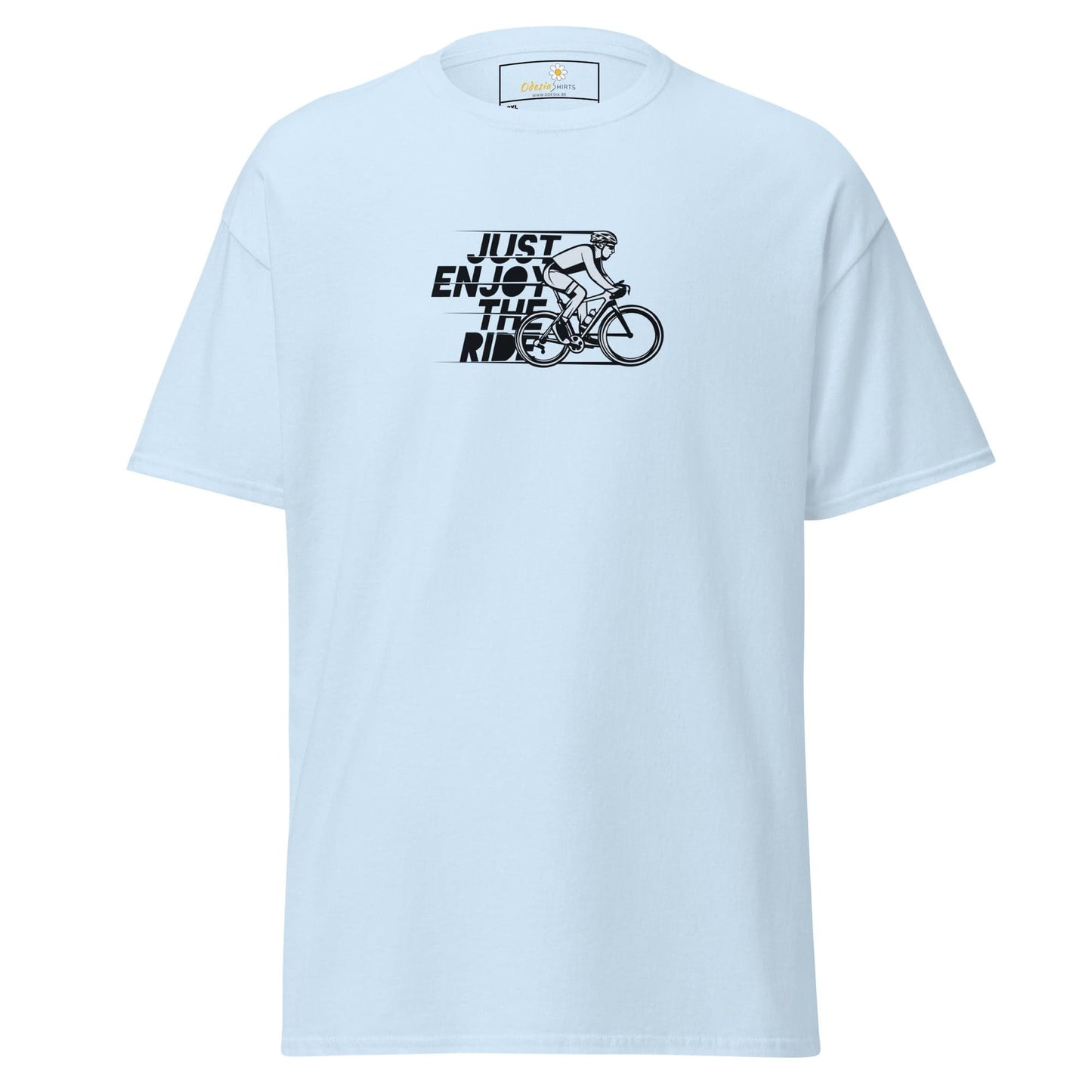 Light blue T-shirt with cyclist graphic in men’s and women’s 2XL to 5XL sizes