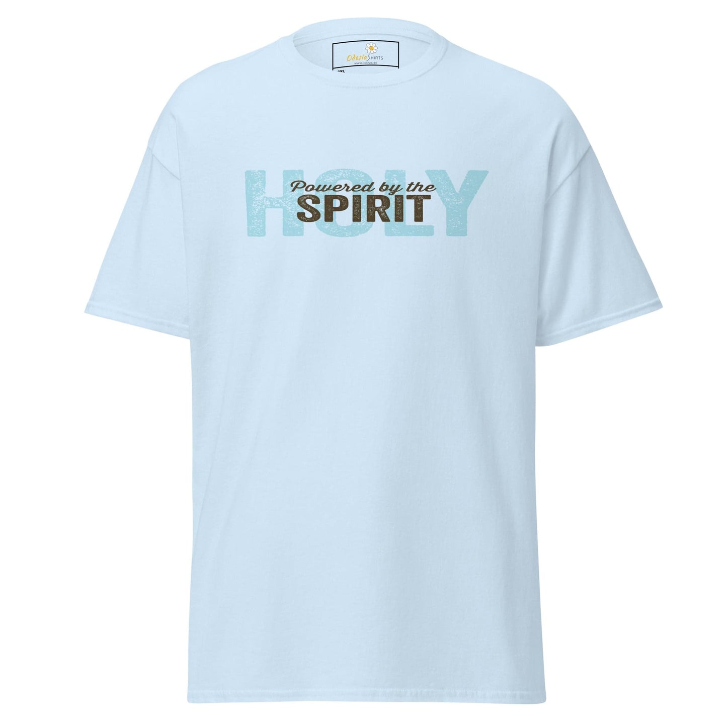 Light blue T-shirt with Powered by the Holy Spirit text for MEN and WOMEN in sizes 2XL to 5XL