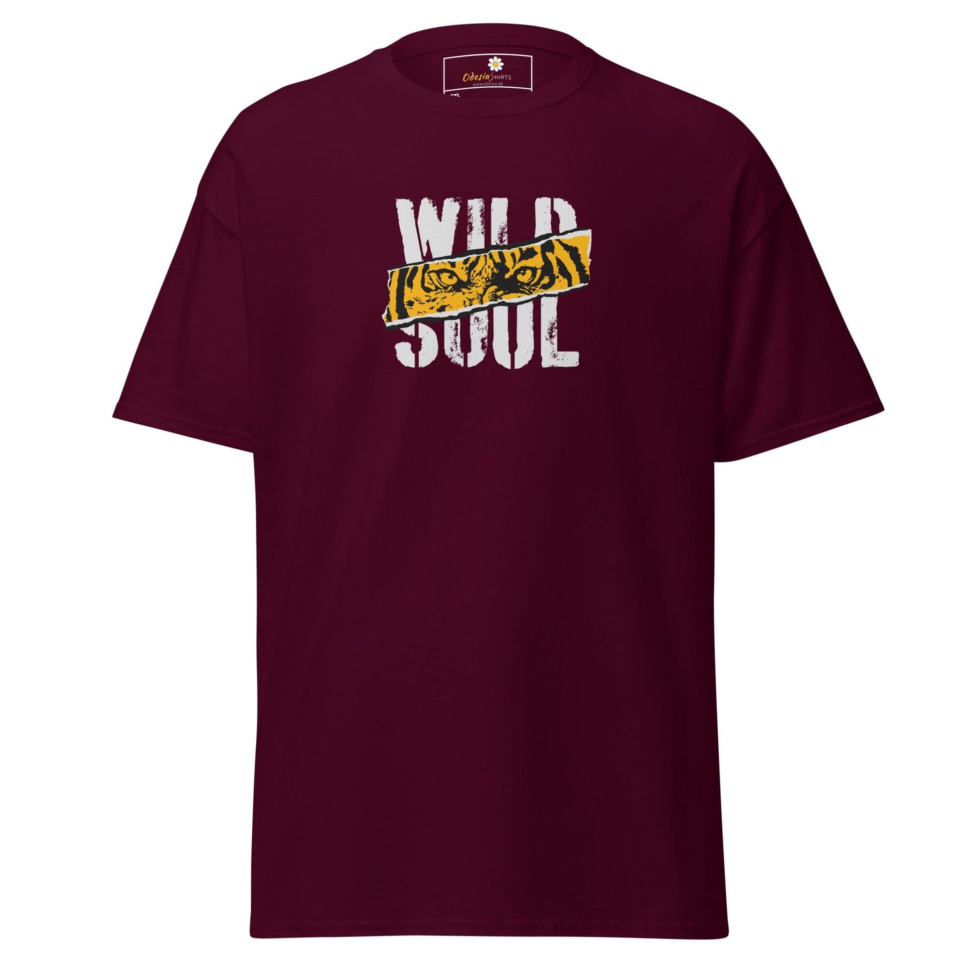 Maroon t-shirt with tiger eyes graphic.