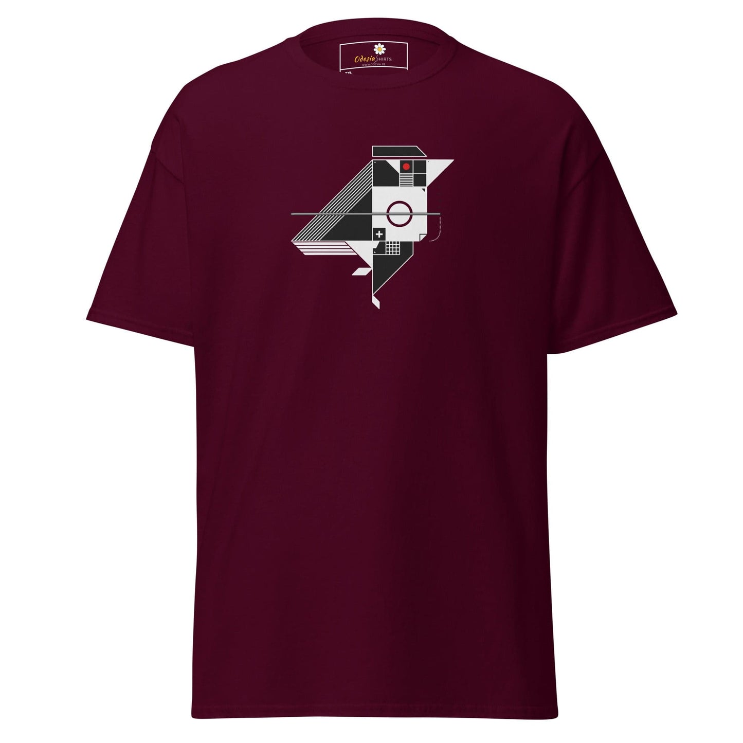 Maroon t-shirt with geometric bird design.