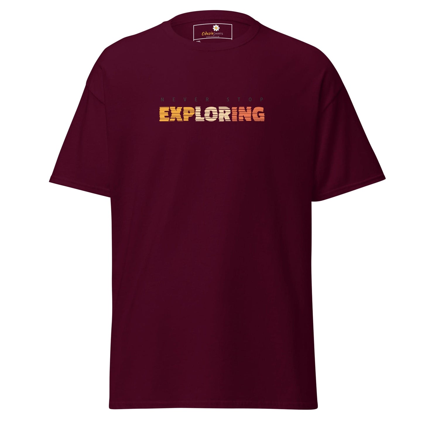 Maroon T-shirt with Exploring text for Men and Women in size 2XL to 5XL
