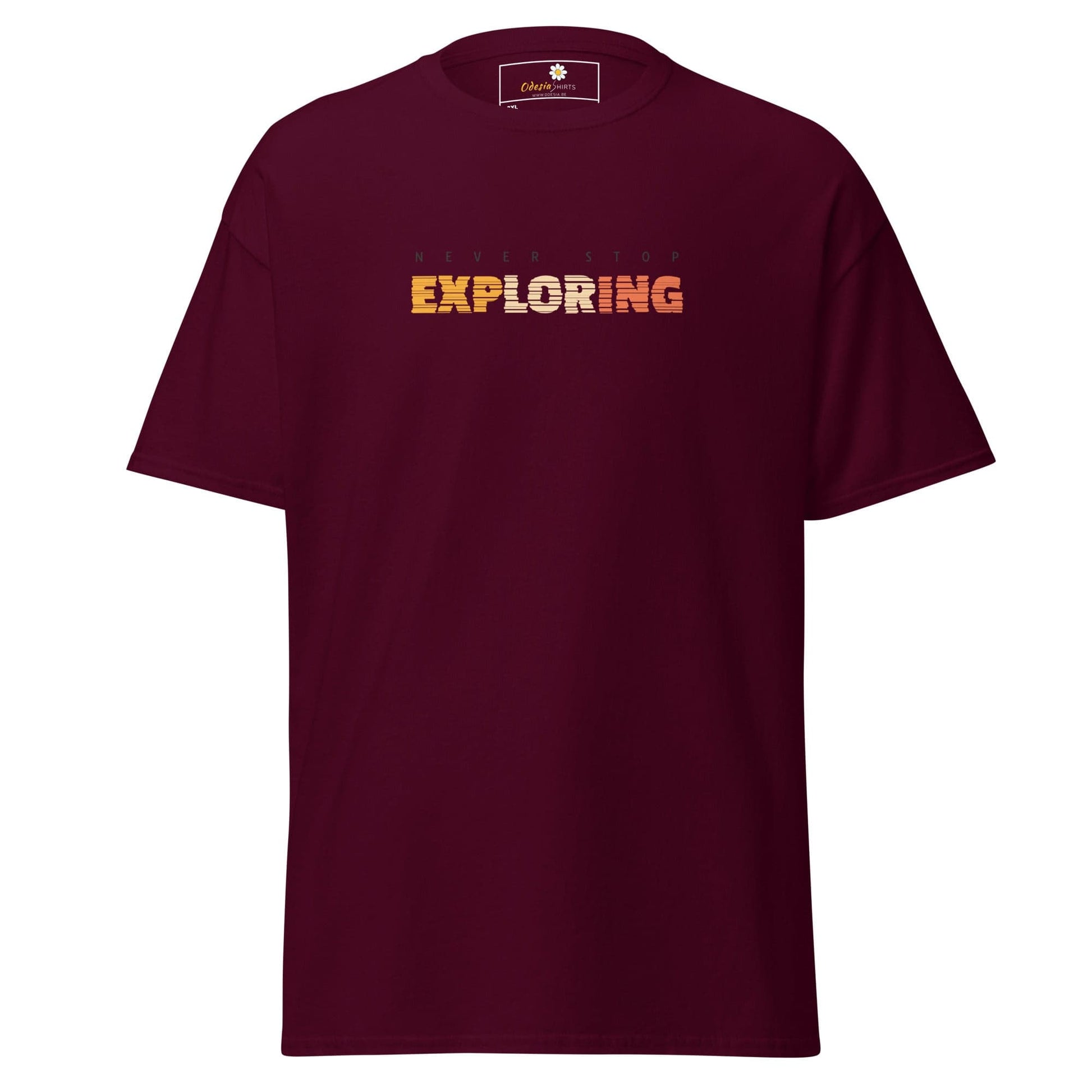Maroon T-shirt with Exploring text for Men and Women in size 2XL to 5XL