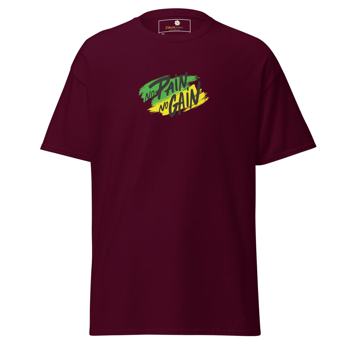 Maroon T-shirt with No Pain No Gain graphic for men and women in 2XL to 5XL sizes