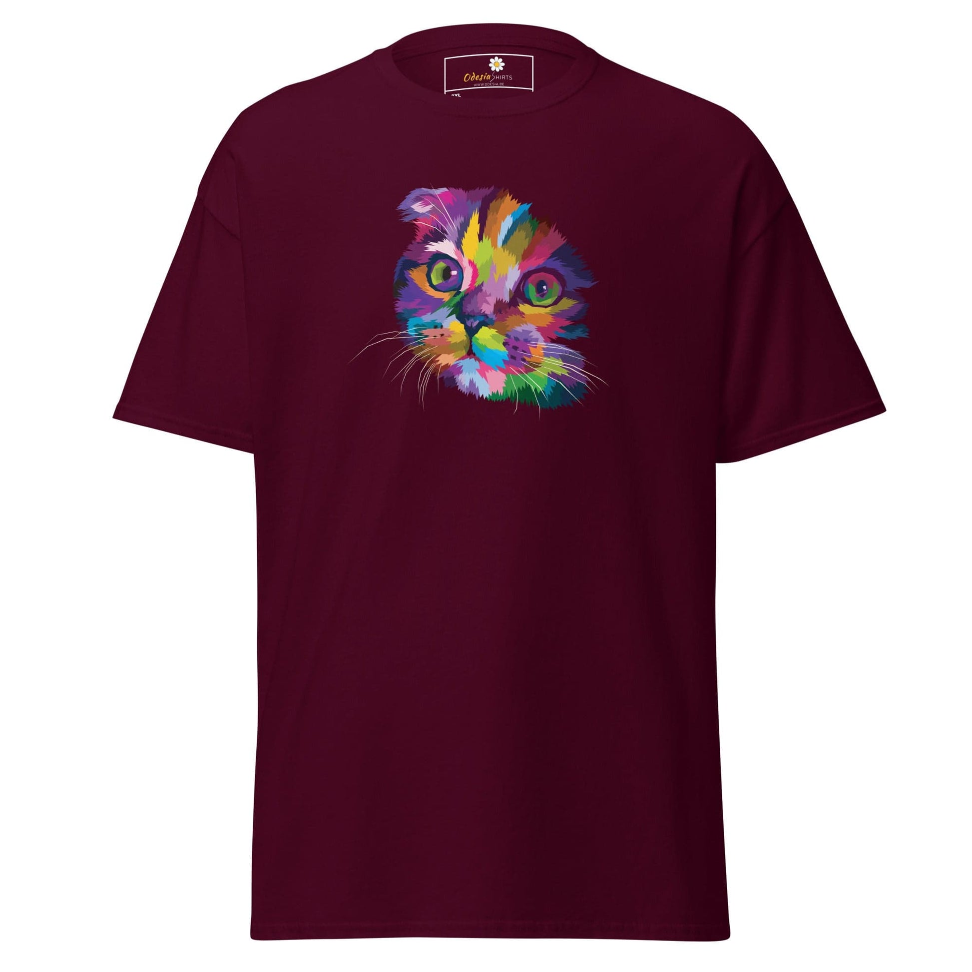 Maroon T-shirt with colorful cat graphic, suitable for men and women in XXL to 5XL sizes