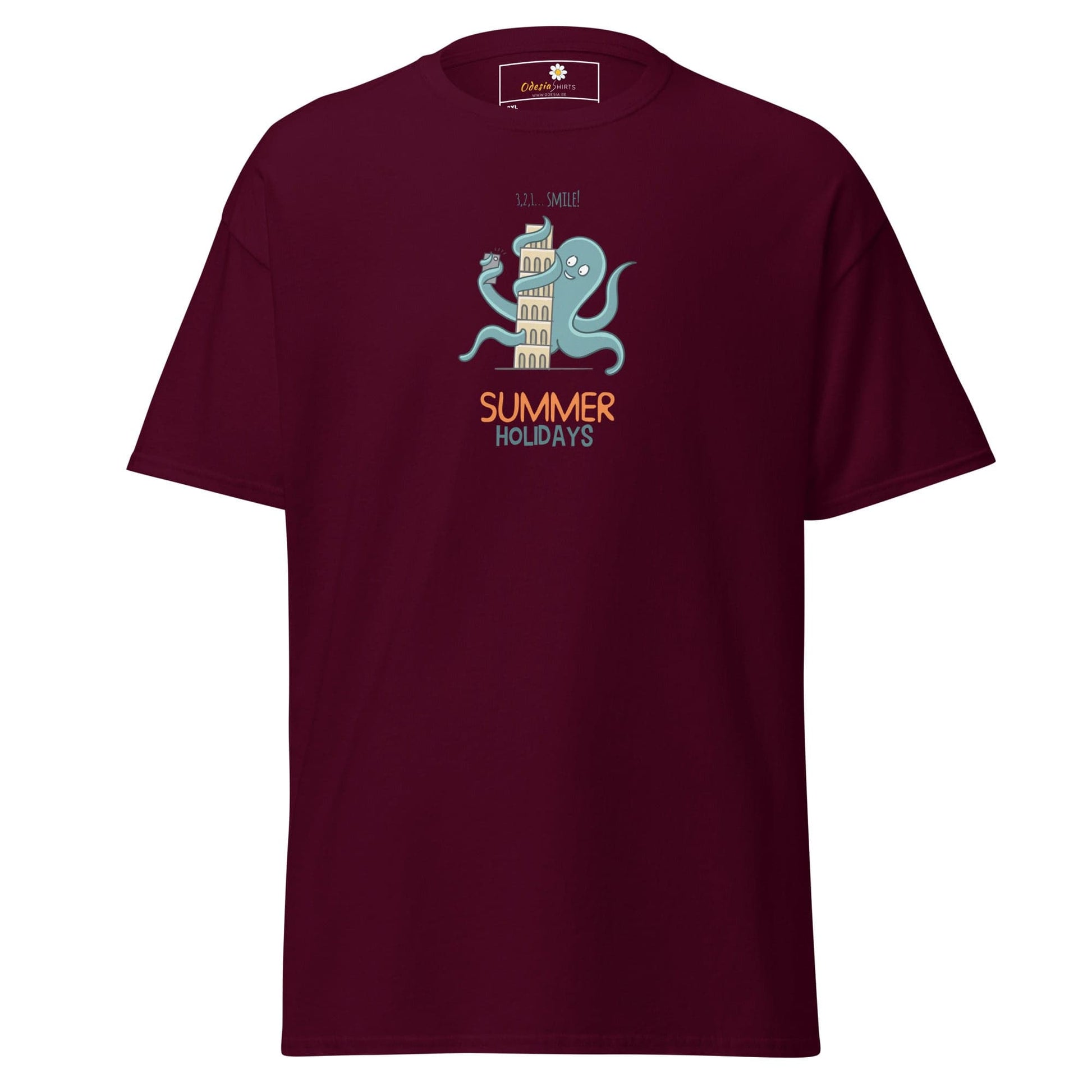 Maroon t-shirt with octopus and leaning tower graphic.