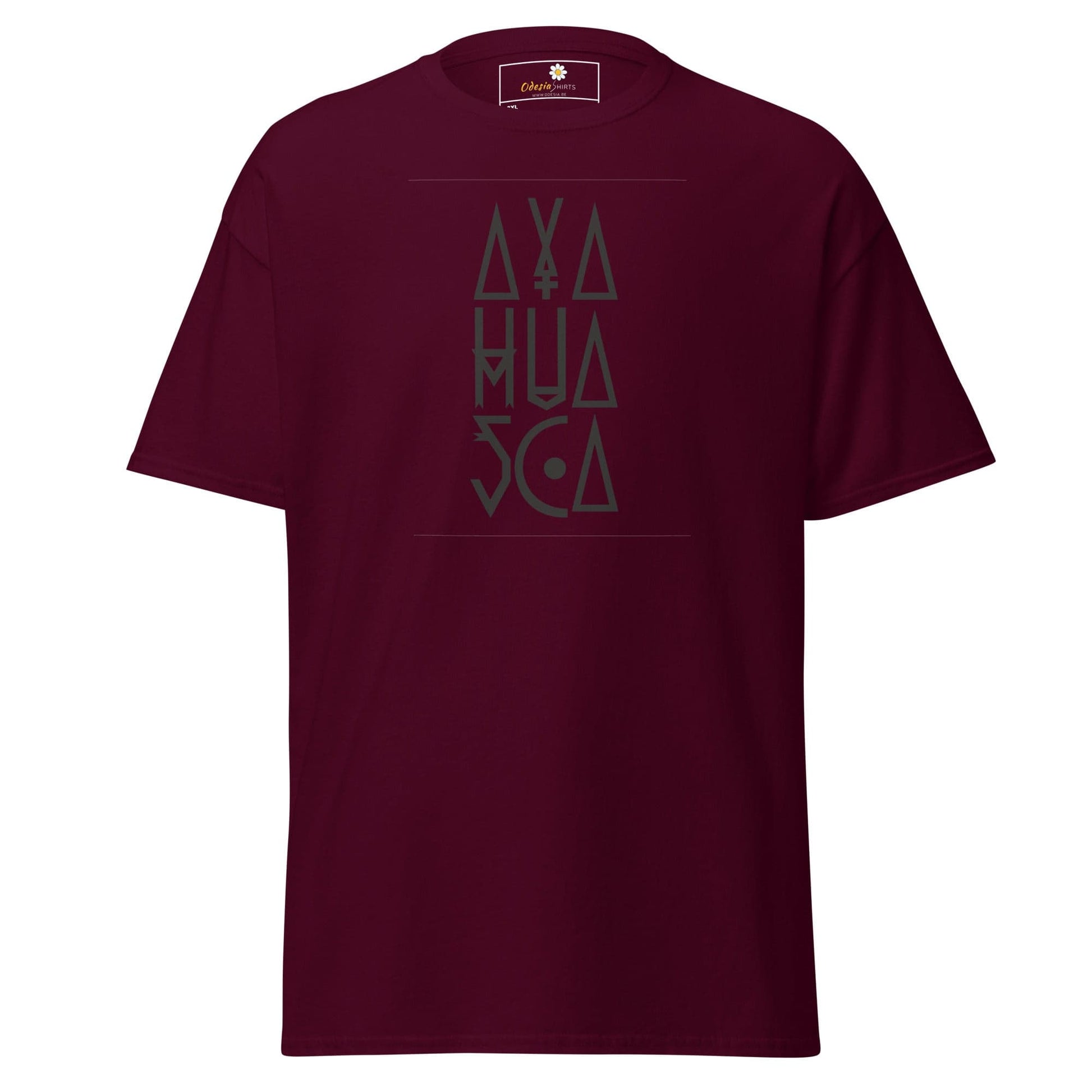 Maroon t-shirt with stylized text.
