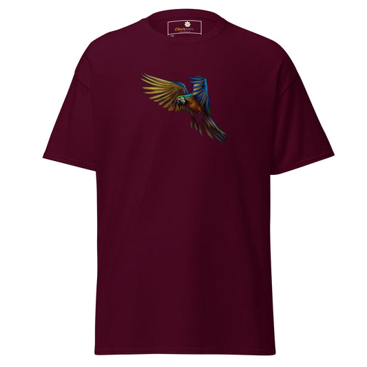 Maroon T-shirt with parrot graphic for Men and Women in sizes 2XL to 5XL