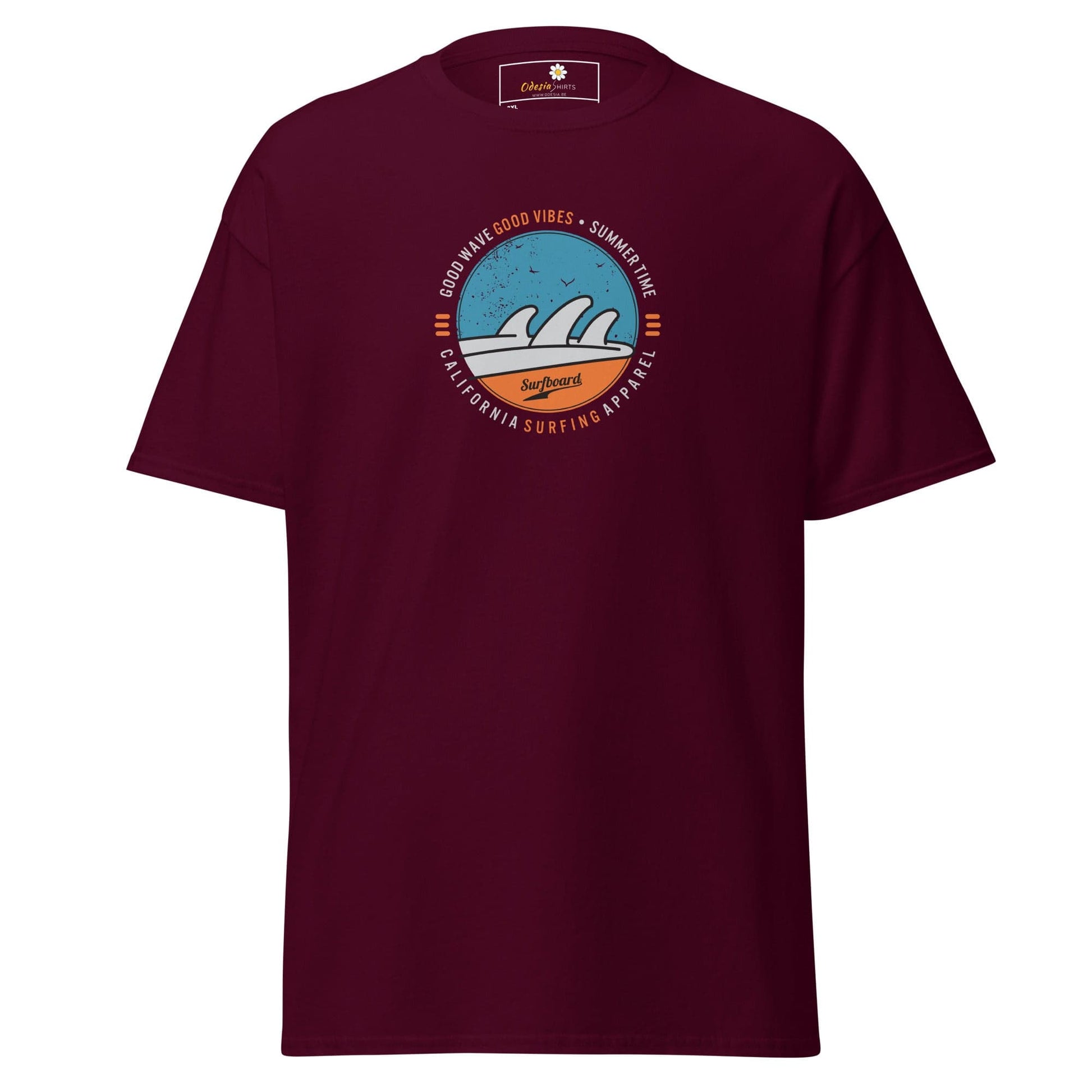 Maroon t-shirt with a circular graphic.