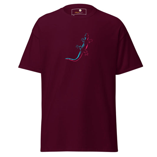 Maroon t-shirt with lizard design.