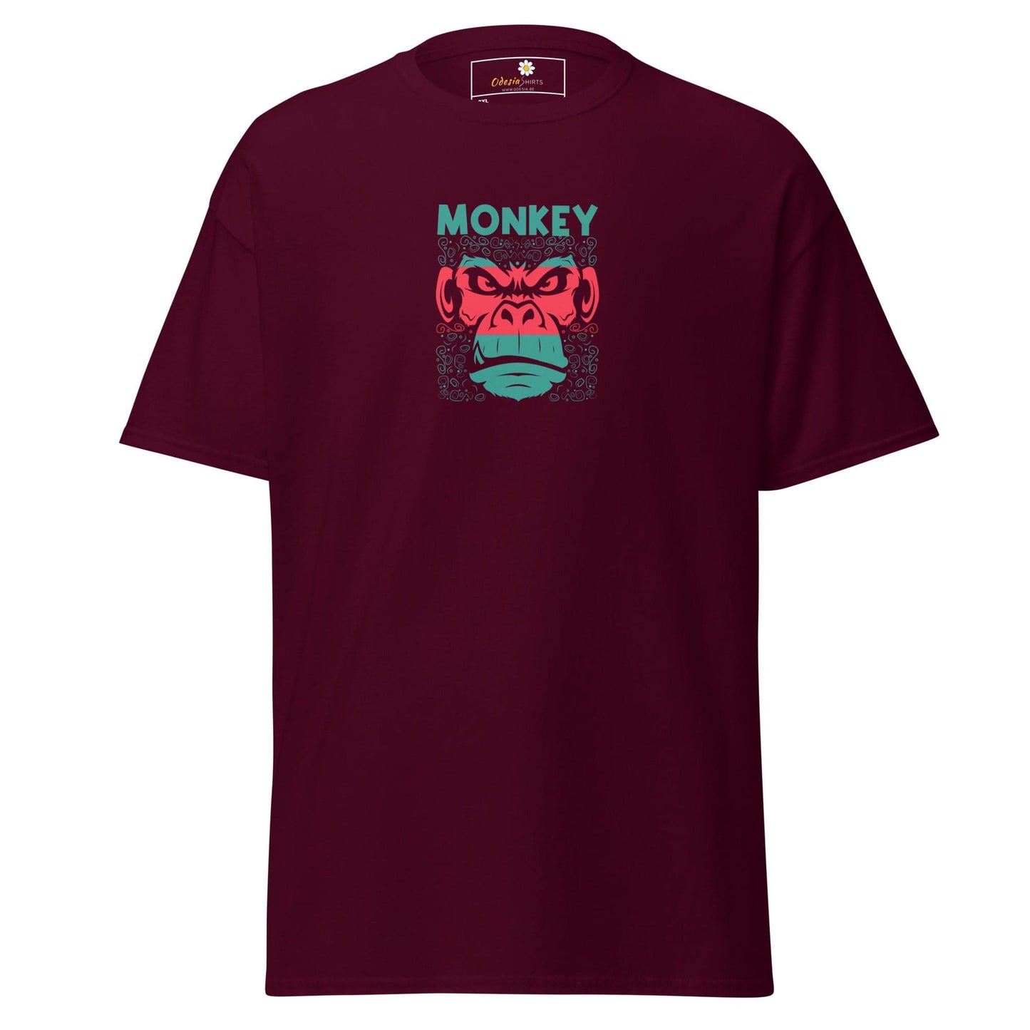 Maroon T-shirt with monkey graphic for Men and Women available in 2XL to 5XL sizes