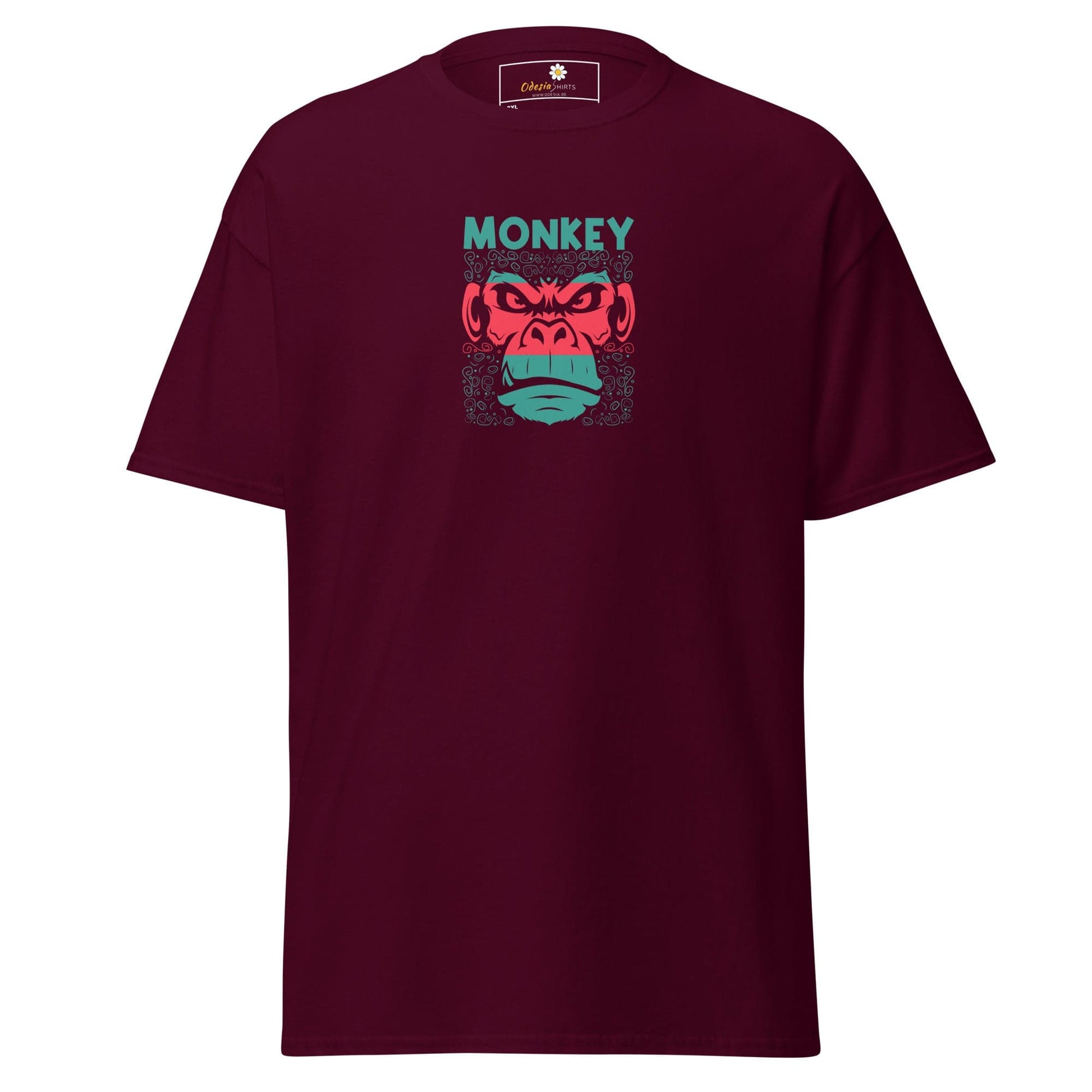 Maroon T-shirt with monkey graphic for Men and Women available in 2XL to 5XL sizes