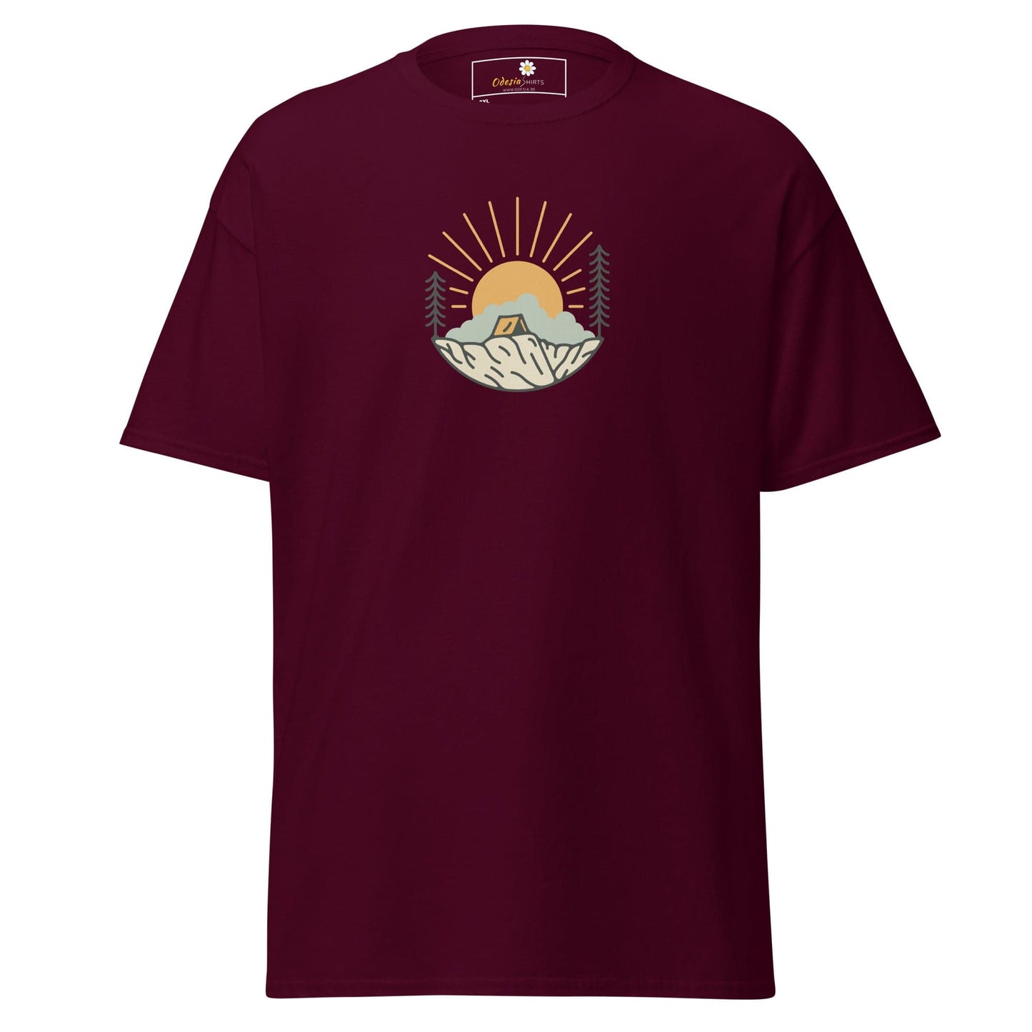 Maroon t-shirt with camping graphic.