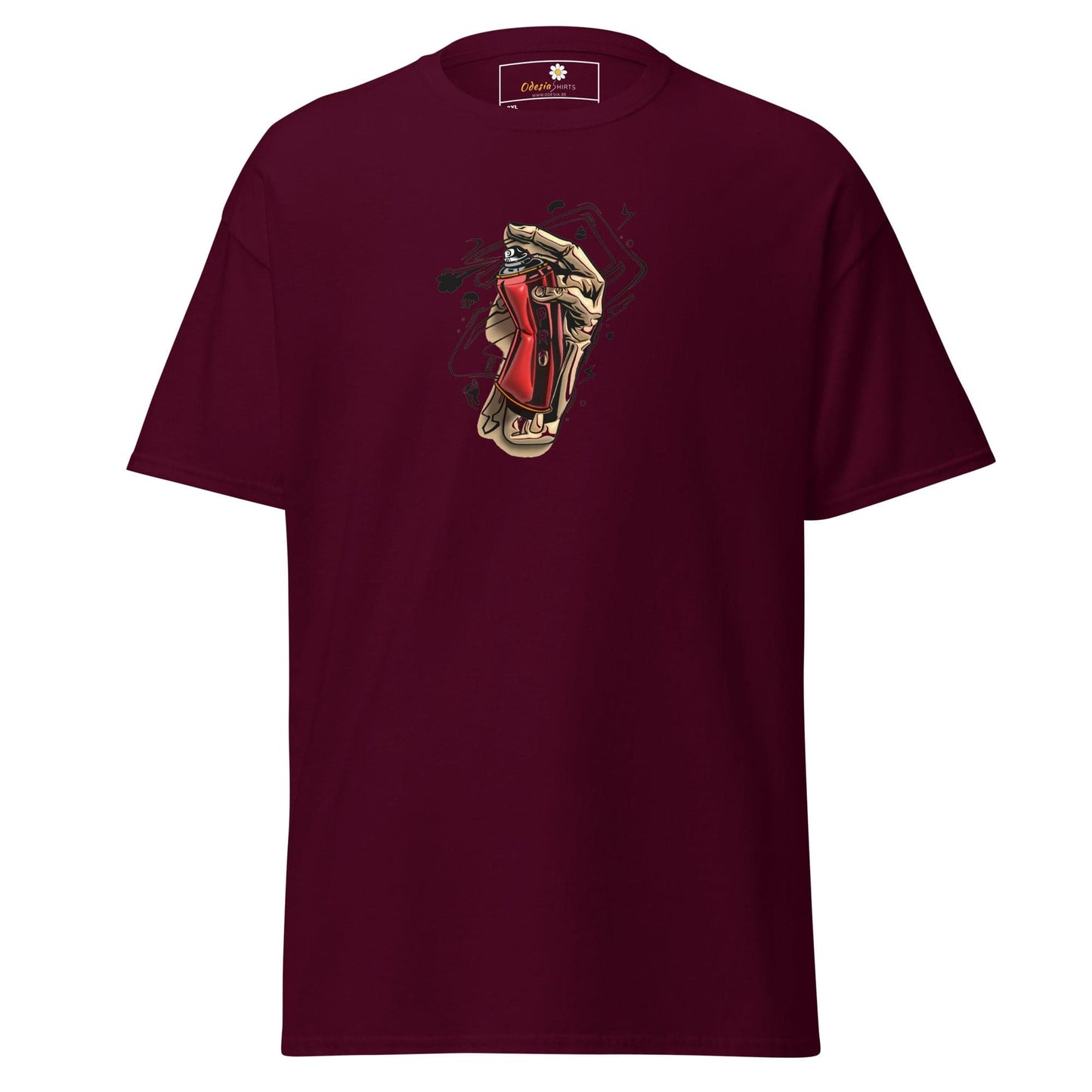 Maroon t-shirt with graphic.