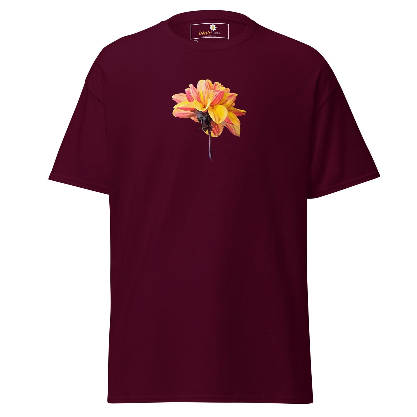 Maroon t-shirt with flower graphic.