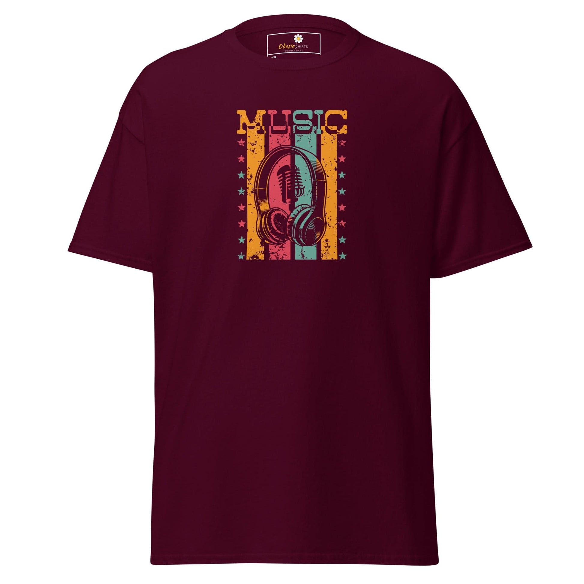 Maroon T-shirt with music graphic, available in men’s and women’s sizes 2XL to 5XL
