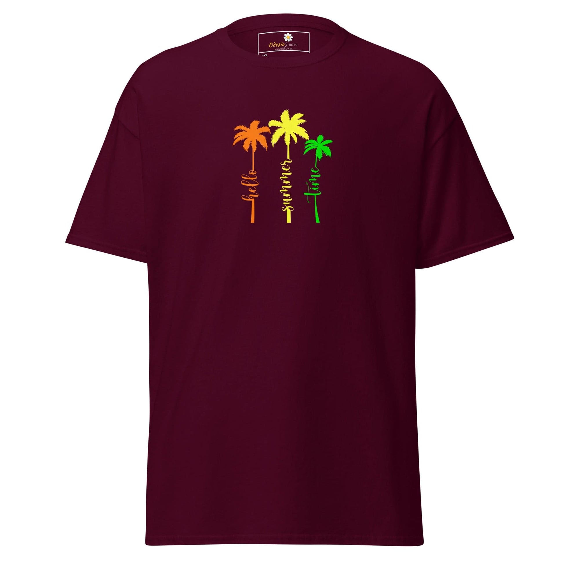 Maroon t-shirt with colorful palm tree design.